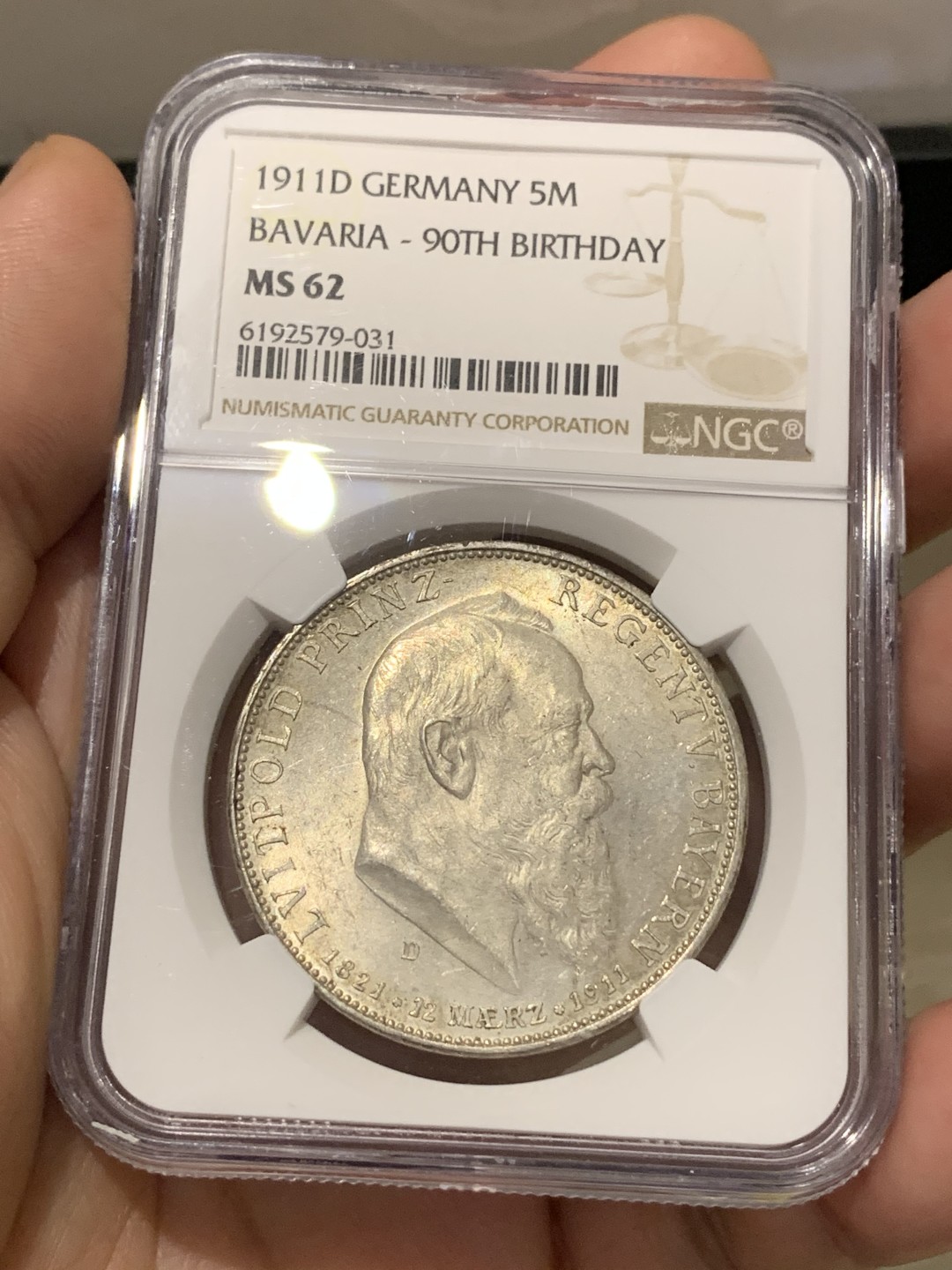 《竞宝斋》第169场-周日，周一2场 (全场包邮) NGC-MS62 德国 巴伐利亚 1911年 摄政王利奥波德 90大寿纪念 5马克银币 状态好