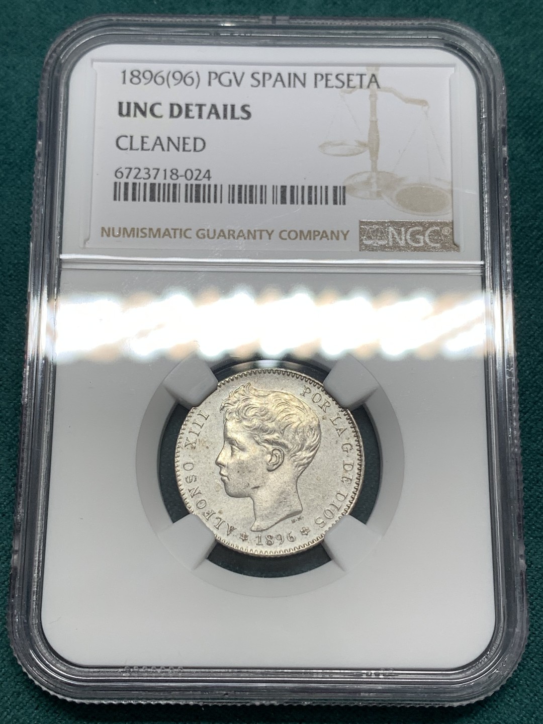 《竞宝斋》第169场-周日，周一2场 (全场包邮) NGC UNCD  西班牙 1896（96）年1比塞塔银币