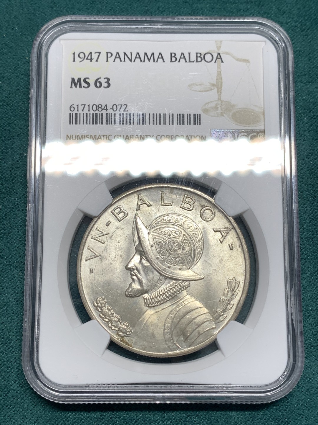 《竞宝斋》第169场-周日，周一2场 (全场包邮) NGC MS63  巴拿马1947年 牛仔美女 1巴尔波阿 大银币 淡彩包浆 暴涨系列