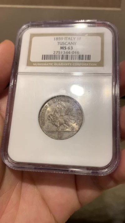《竞宝斋》第169场-周日，周一2场 (全场包邮) NGC MS63 意大利1859托斯卡纳临时政府1弗洛林，单年版，临时政府发行的唯一银币。状态极佳带PL。From meduno collection