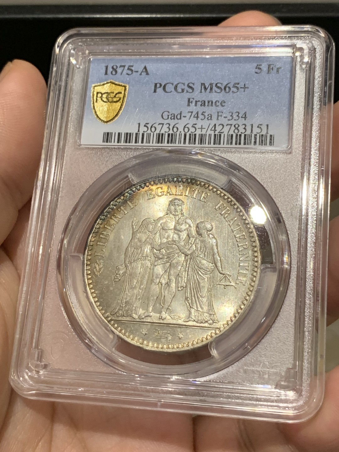 《竞宝斋》第169场-周日，周一2场 (全场包邮) PCGS MS65+ 法国 1875年 大力神 5法郎银币 底板丝滑 极美状态 发行量不足1873A的1/10