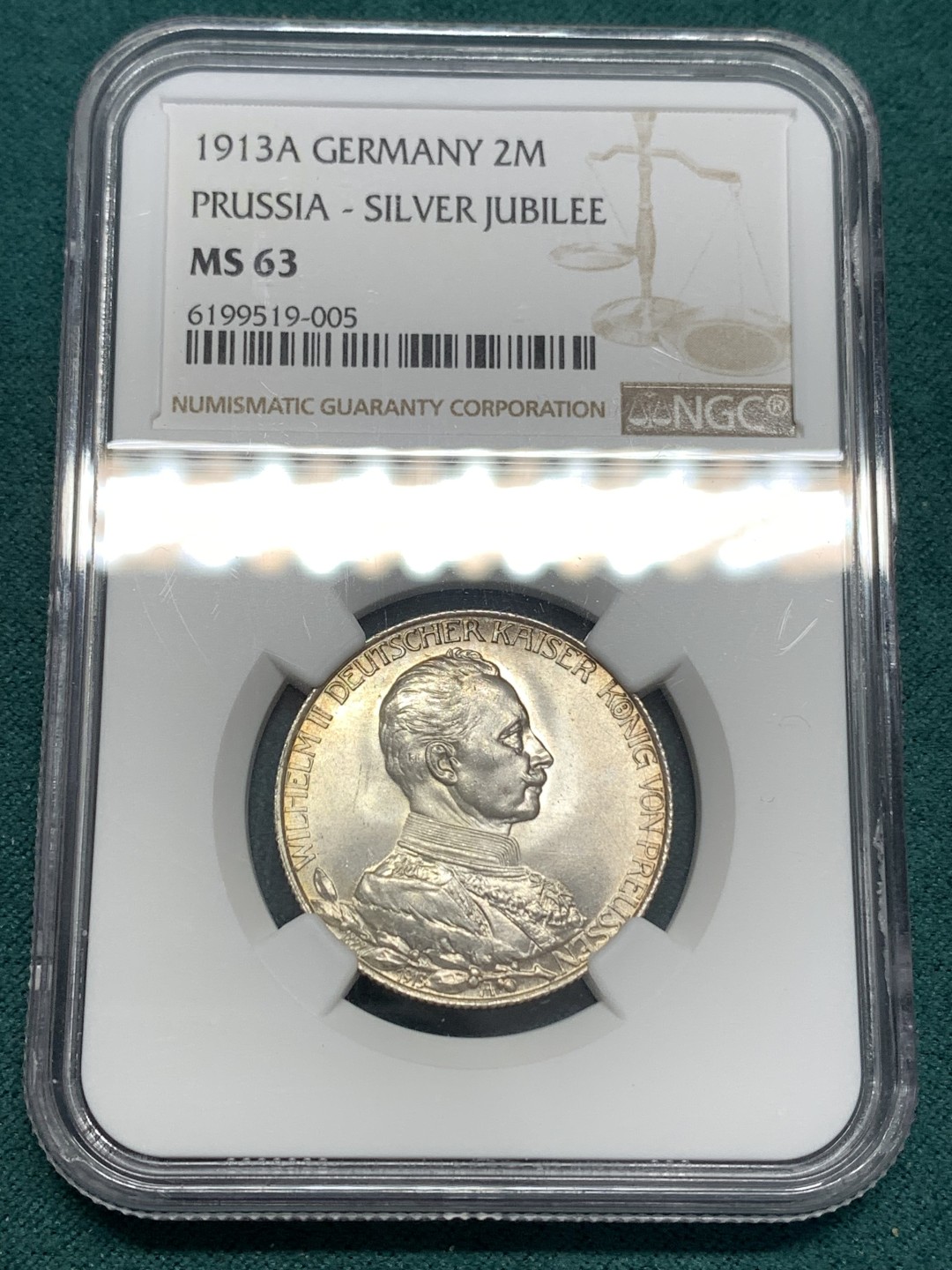 《竞宝斋》第169场-周日，周一2场 (全场包邮) NGC-MS63 德国 1913年 普鲁士 军装 2马克 银币 好彩