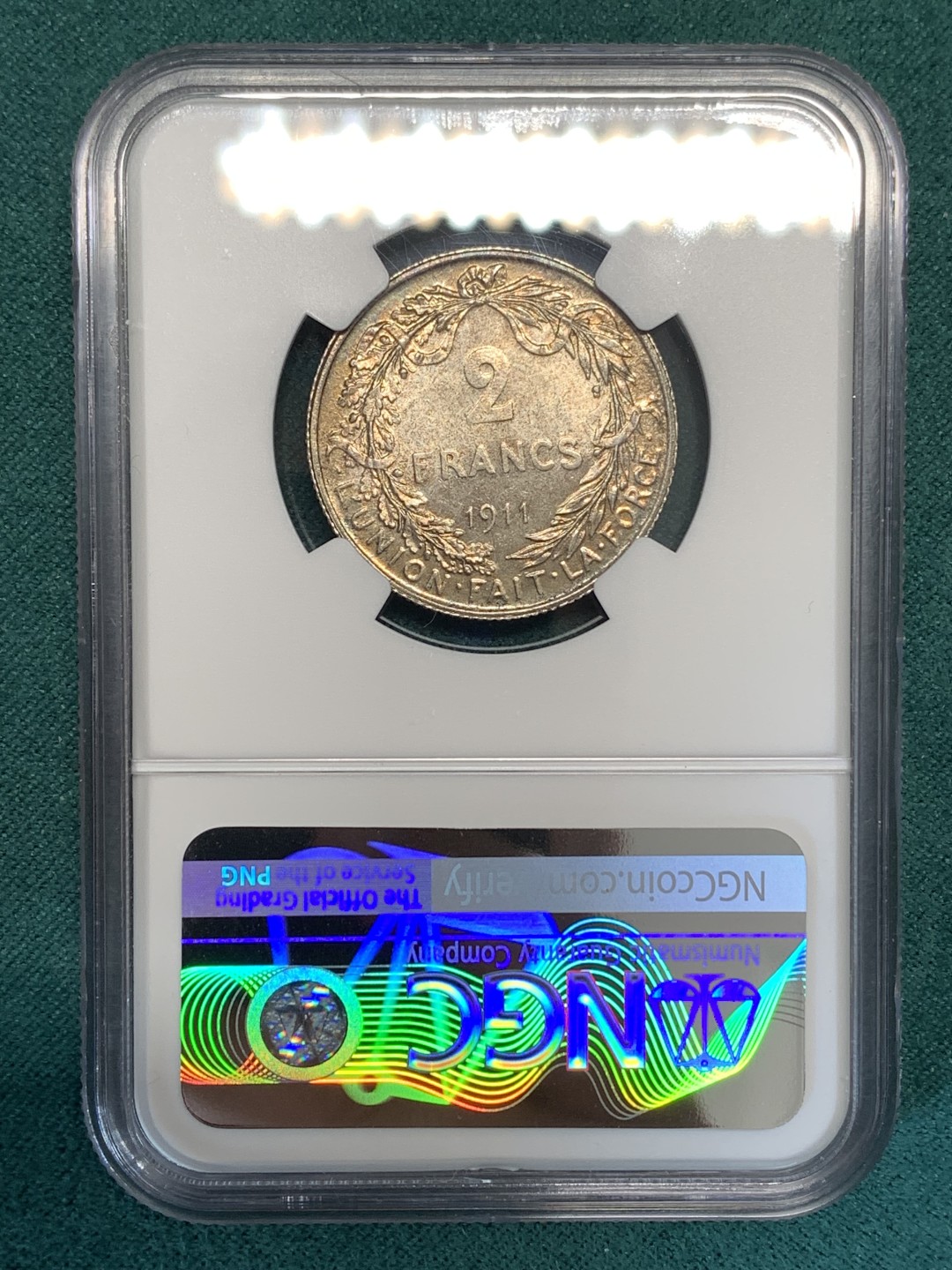 《竞宝斋》第169场-周日，周一2场 (全场包邮) NGC-MS64 比利时1911年 埃尔佩托2法郎银币 环彩包浆 顶级状态