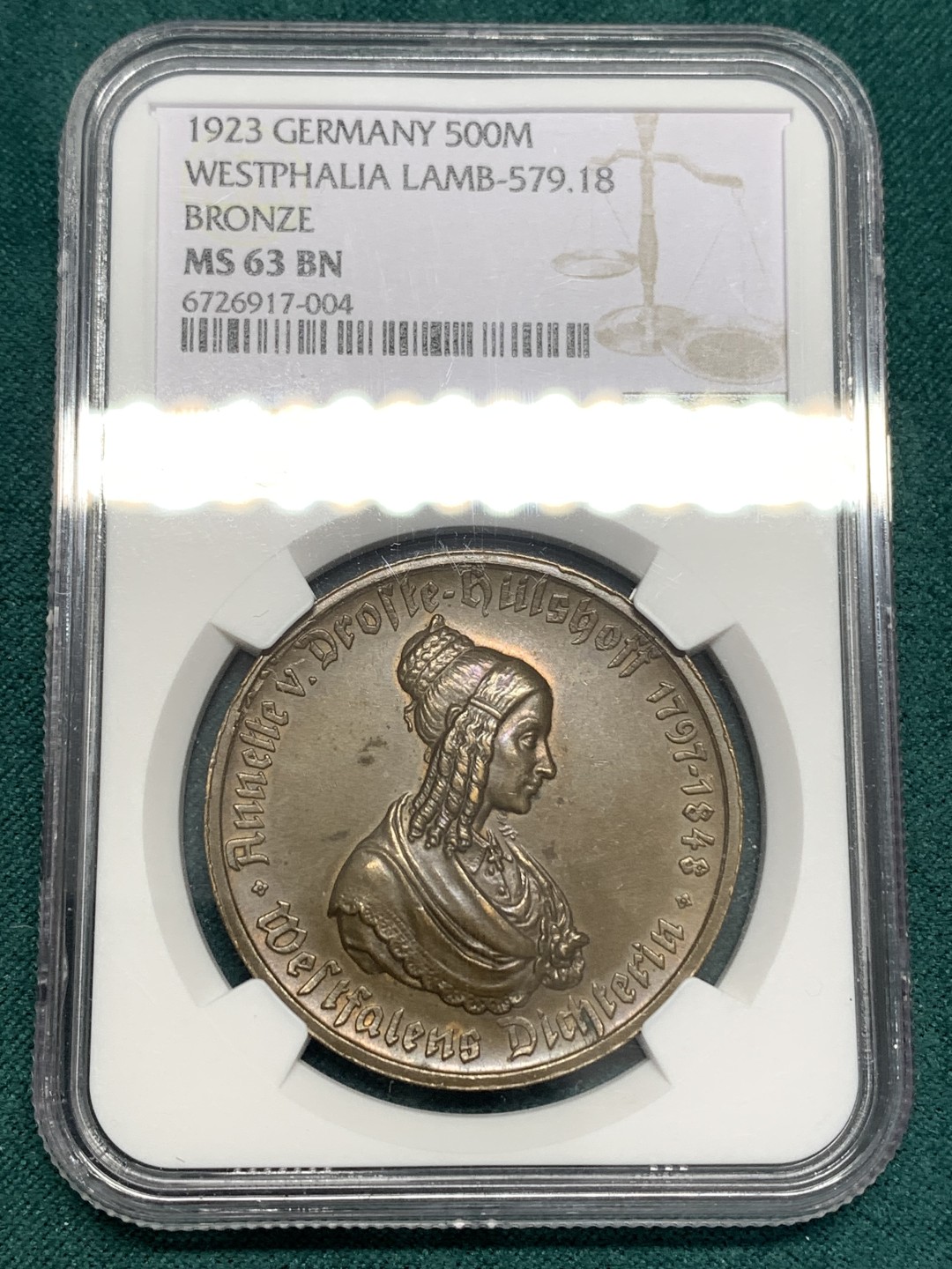 《竞宝斋》第169场-周日，周一2场 (全场包邮) NGC MS63BN 德国威斯特伐利亚1923年女头500马克大马币铜币