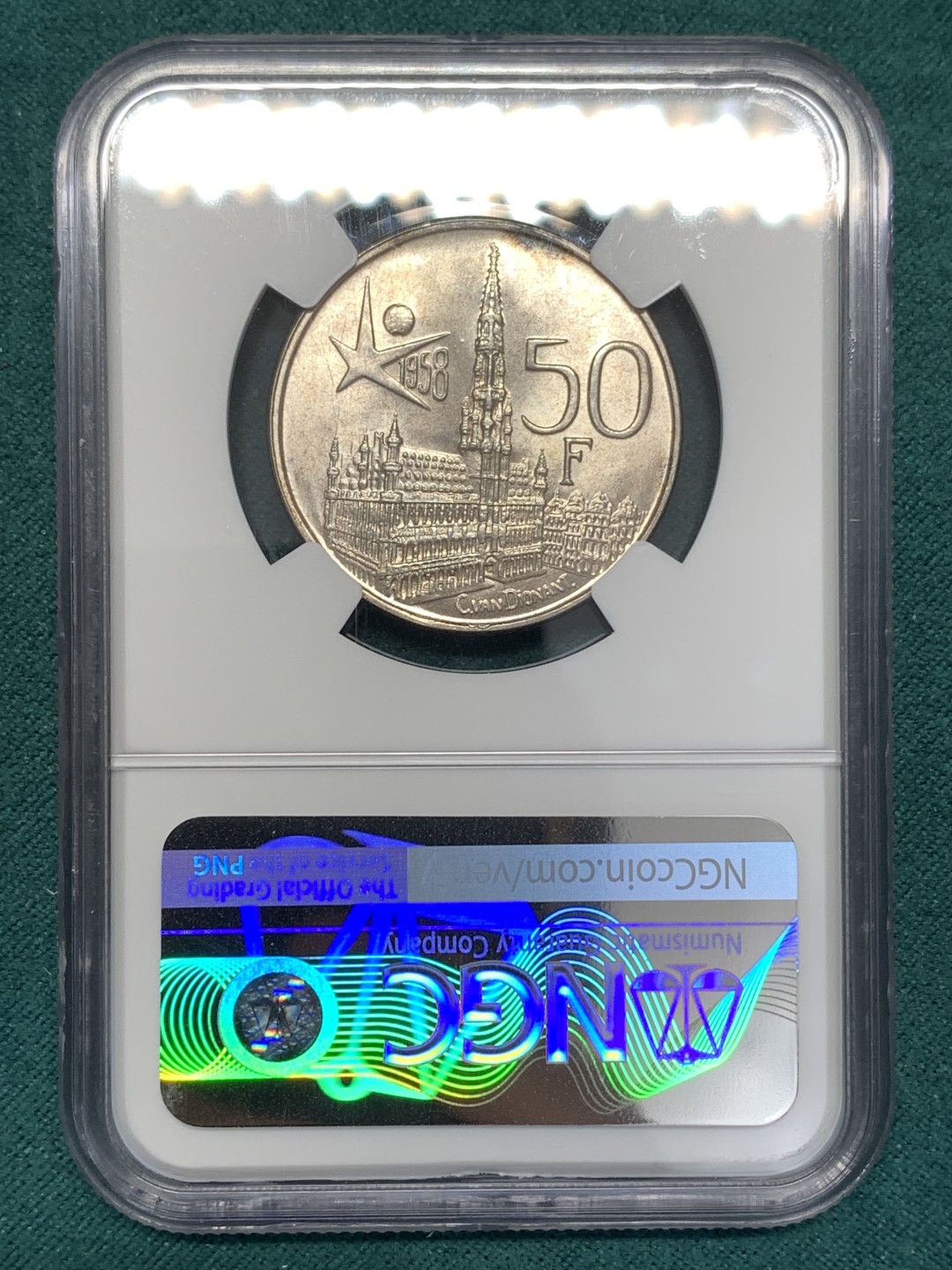 《竞宝斋》第169场-周日，周一2场 (全场包邮) NGC MS65 比利时 1958年 世博会景观  50法郎银币