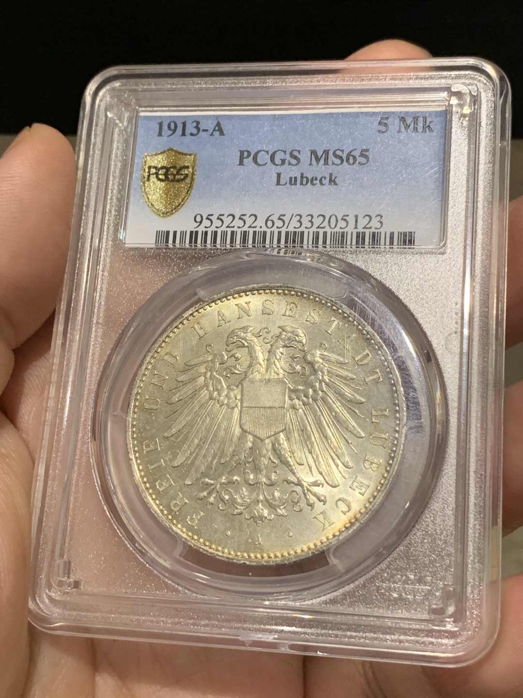 《竞宝斋》第169场-周日，周一2场 (全场包邮) PCGS MS65  德国 1913年 汉堡自由市 吕贝克 5马克 双头鹰银币 6000枚的发行量  难得品种