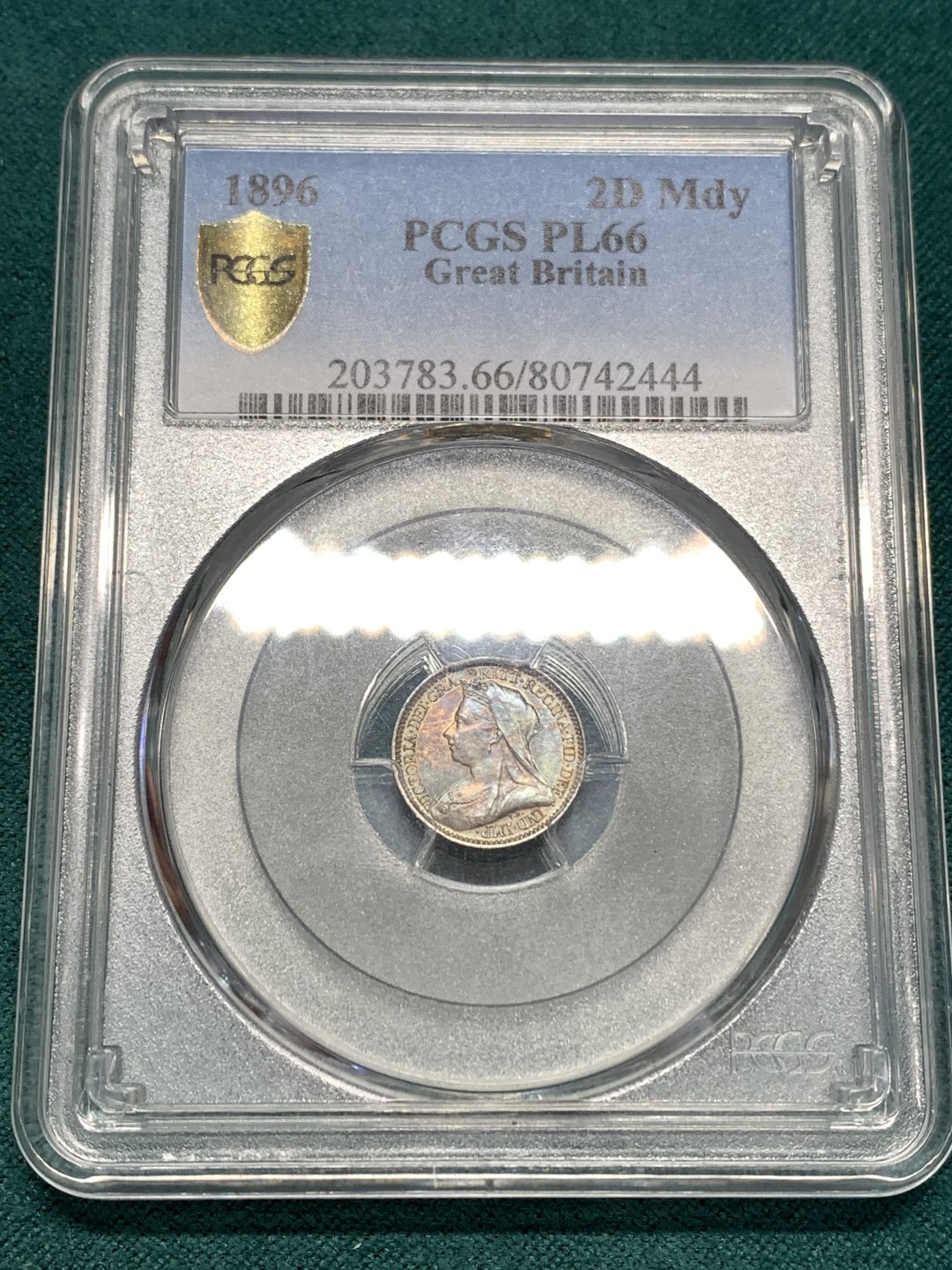 《竞宝斋》第169场-周日，周一2场 (全场包邮) PCGS PL66 英国1896年2便士银币 濯足币2D，发行量11000枚，深五彩包浆，P仅3枚更高