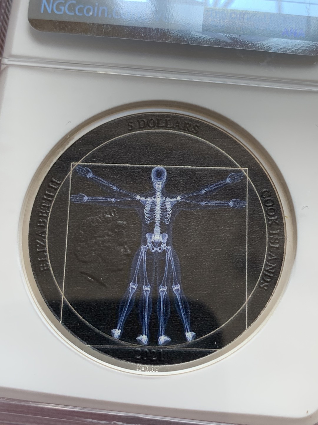 《竞宝斋》第169场-周日，周一2场 (全场包邮) NGC PF70UC 库克 2021达芬奇达芬奇维特鲁维亚人 X-ray黄金分割5元银币 发行量999枚 带盒子