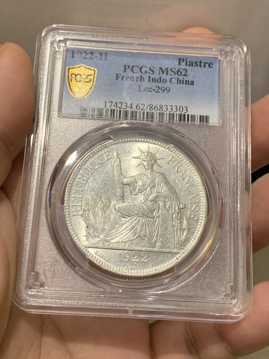 《竞宝斋》第169场-周日，周一2场 (全场包邮) PCGS MS62 法属印支 1922年H版 1p 坐洋大银币 极美底板 人物清晰