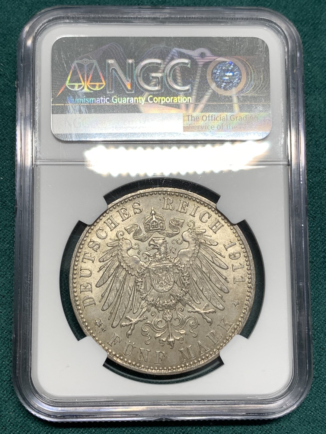 《竞宝斋》第169场-周日，周一2场 (全场包邮) NGC-MS62 德国 巴伐利亚 1911年 摄政王利奥波德 90大寿纪念 5马克银币 状态好