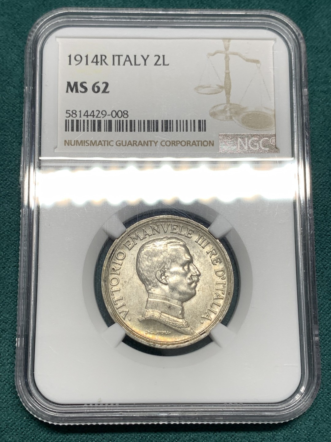 《竞宝斋》第169场-周日，周一2场 (全场包邮) NGC-MS62意大利1914年马车女神2里拉银币 环状彩色包浆