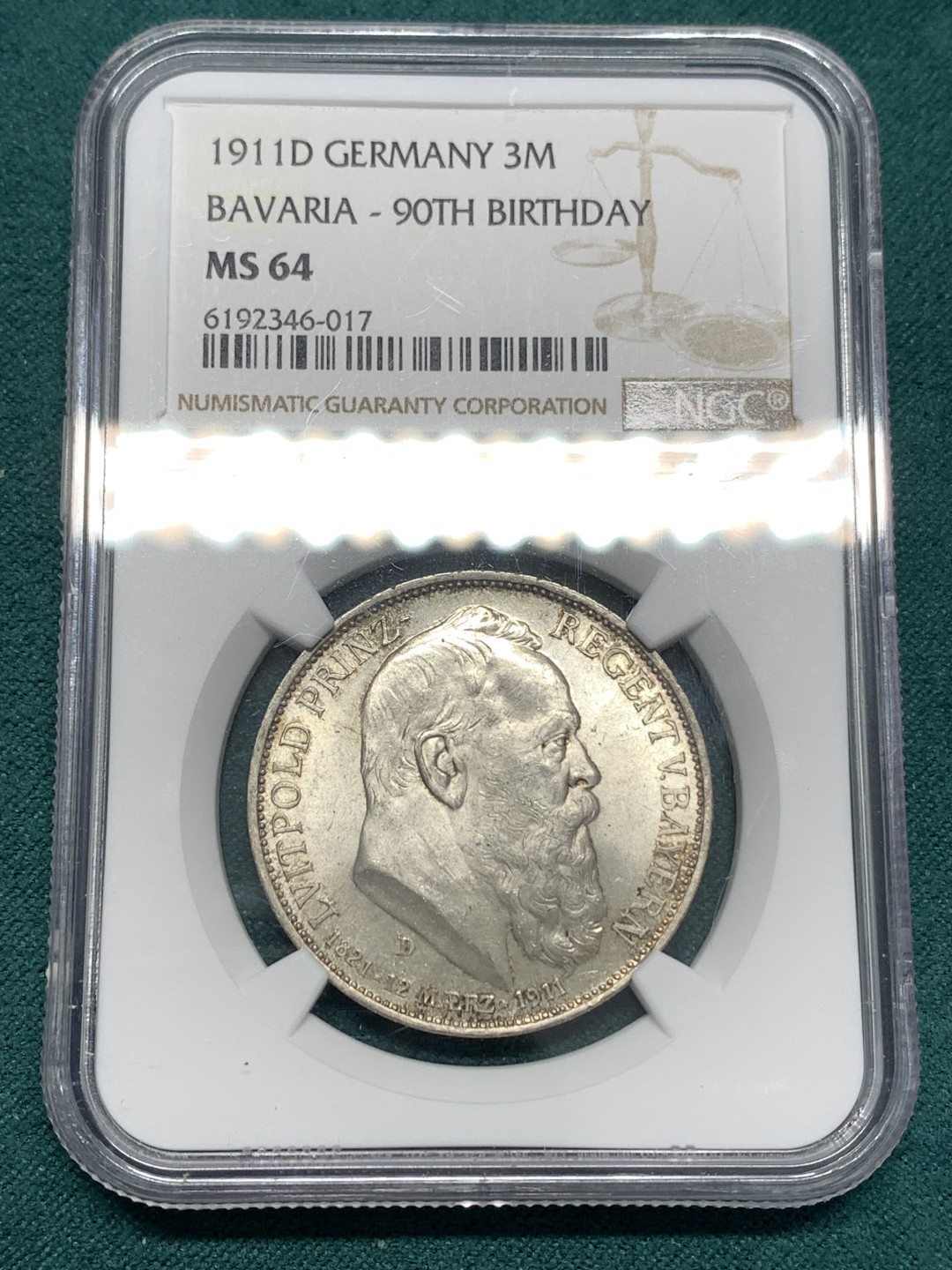 《竞宝斋》第169场-周日，周一2场 (全场包邮) NGC-MS64 德国 巴伐利亚 1911年 摄政王利奥波德 90大寿纪念 3马克银币 状态好