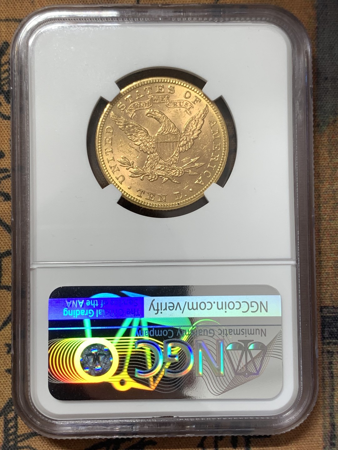 《竞宝斋》第169场-周日，周一2场 (全场包邮) NGC MS60 1882年美国自由女神10美元金币 16.718克 900金 直径27MM 厚2MM