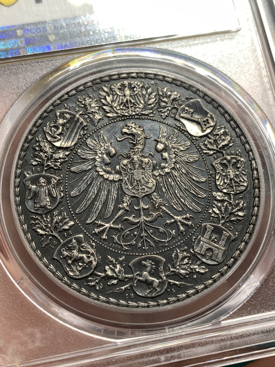 《竞宝斋》第169场-周日，周一2场 (全场包邮) PCGS SP63 德国 1887法兰克福射击纪念银章深彩包浆 高度浮雕 非常的漂亮 难得状态
