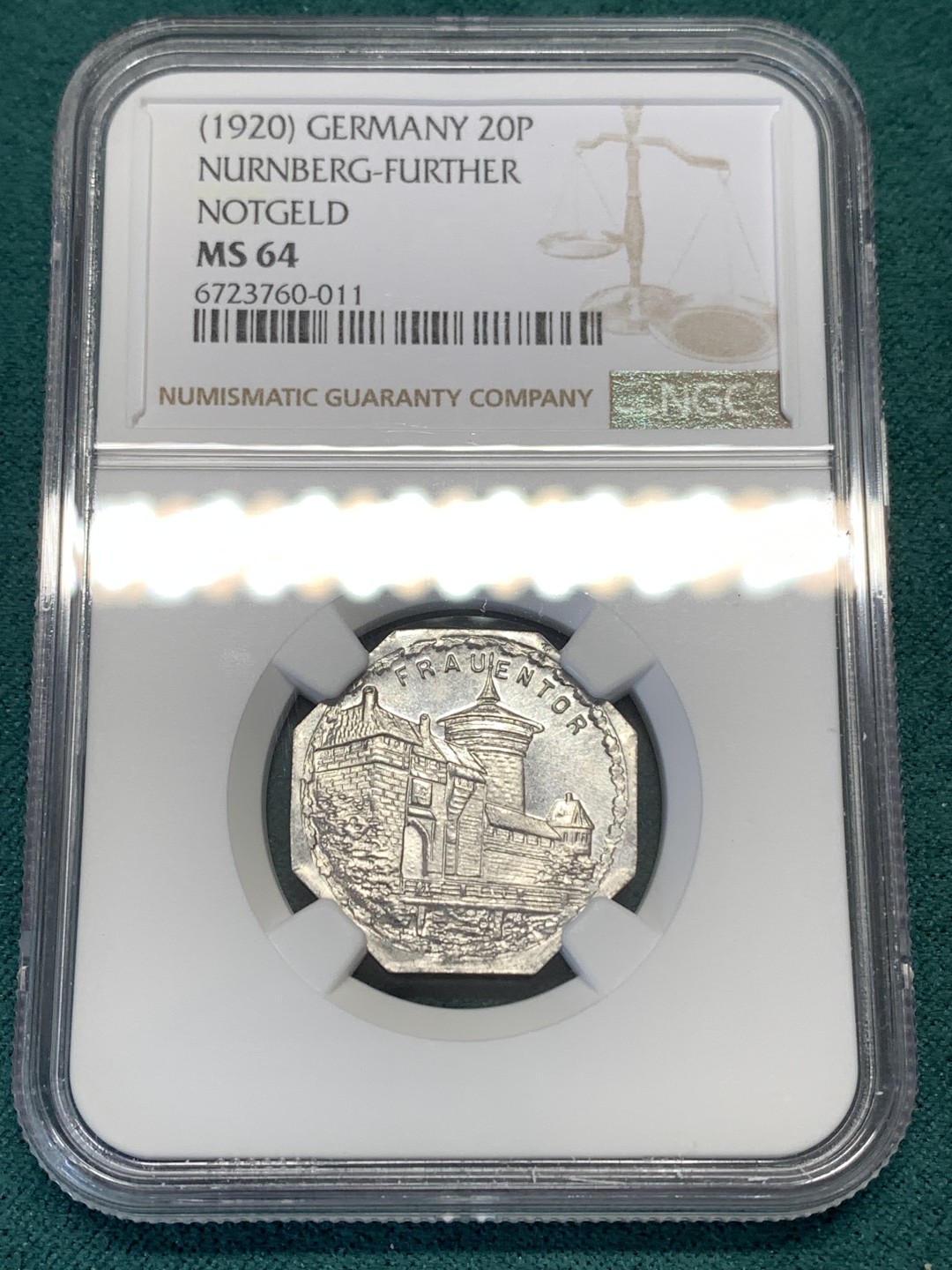 《竞宝斋》第169场-周日，周一2场 (全场包邮) NGC-MS64 1920 德国紧急状态时期纽伦堡代币 景观不错