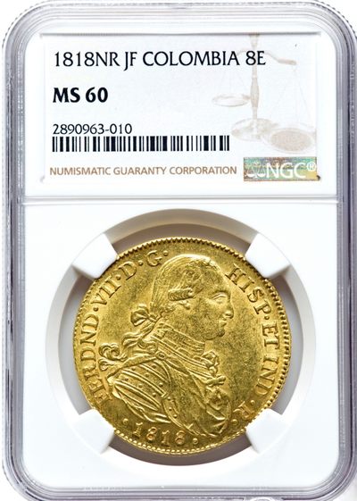 【Blue Auction】✨世界纸币精拍第328期——费迪南七世 - 【仅2枚更高分 起飞品种 特殊版本费七用的卡四头像】西属哥伦比亚 1818年8埃斯库多 27克大金币 NGC MS60（上了MS该品种就是分水岭 收藏级）高点俱在 细节清晰完整 西班牙国王费迪南七世时期 没来得及换版 用的其父卡洛斯四世之前的模具铸币 很有特色 金价持续上涨 金币水涨船高