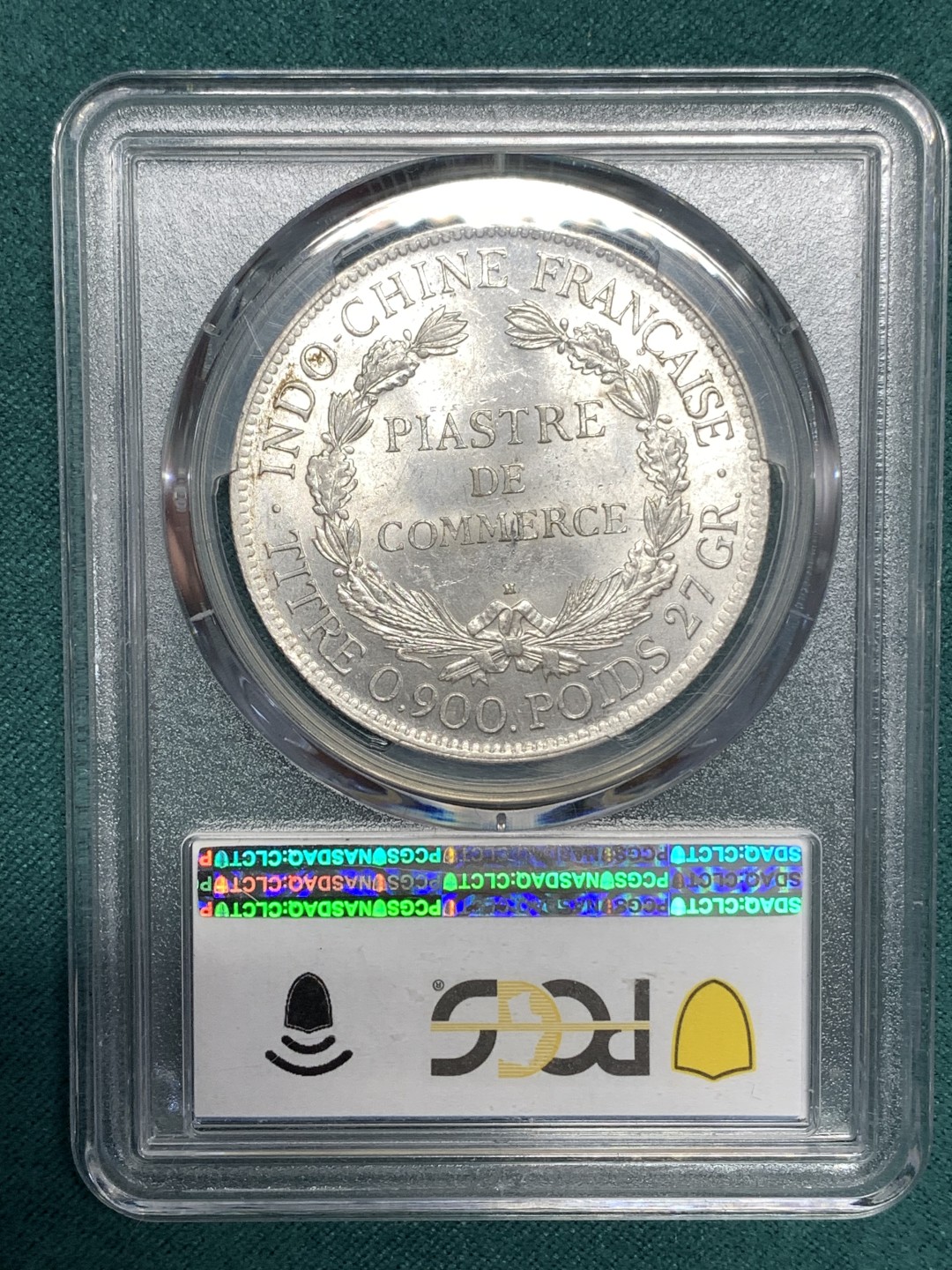 《竞宝斋》第169场-周日，周一2场 (全场包邮) PCGS MS62 法属印支 1922年H版 1p 坐洋大银币 极美底板 人物清晰