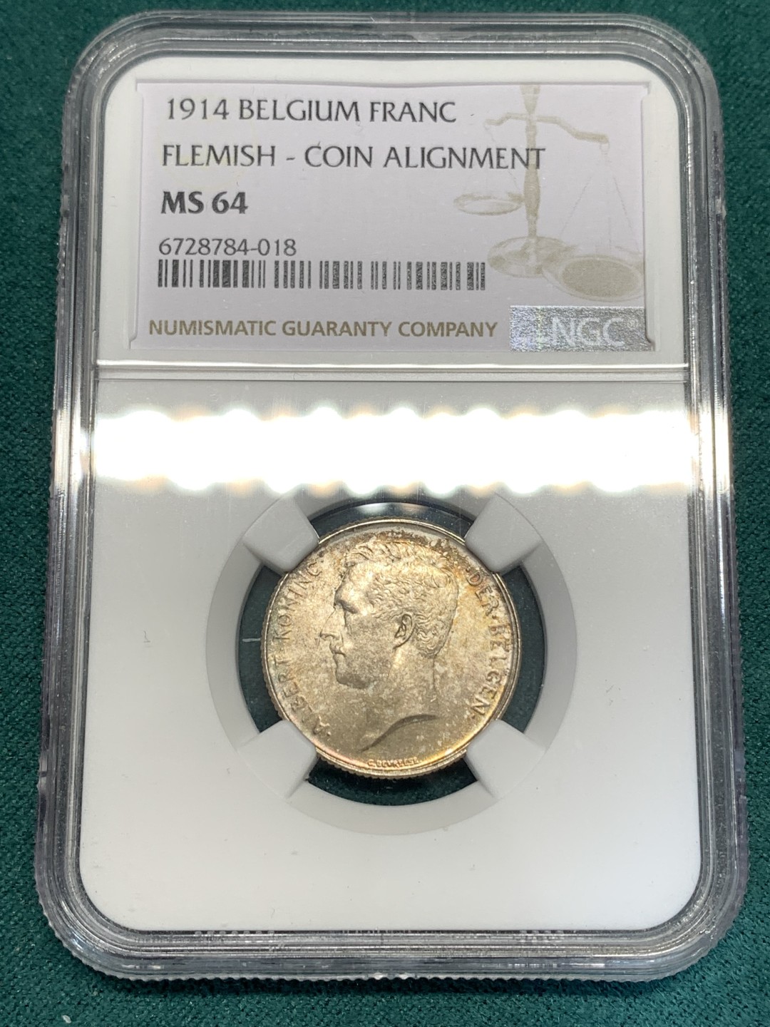 《竞宝斋》第169场-周日，周一2场 (全场包邮) NGC-MS64 比利时1914年 埃尔佩托 1法郎银币 淡彩好品