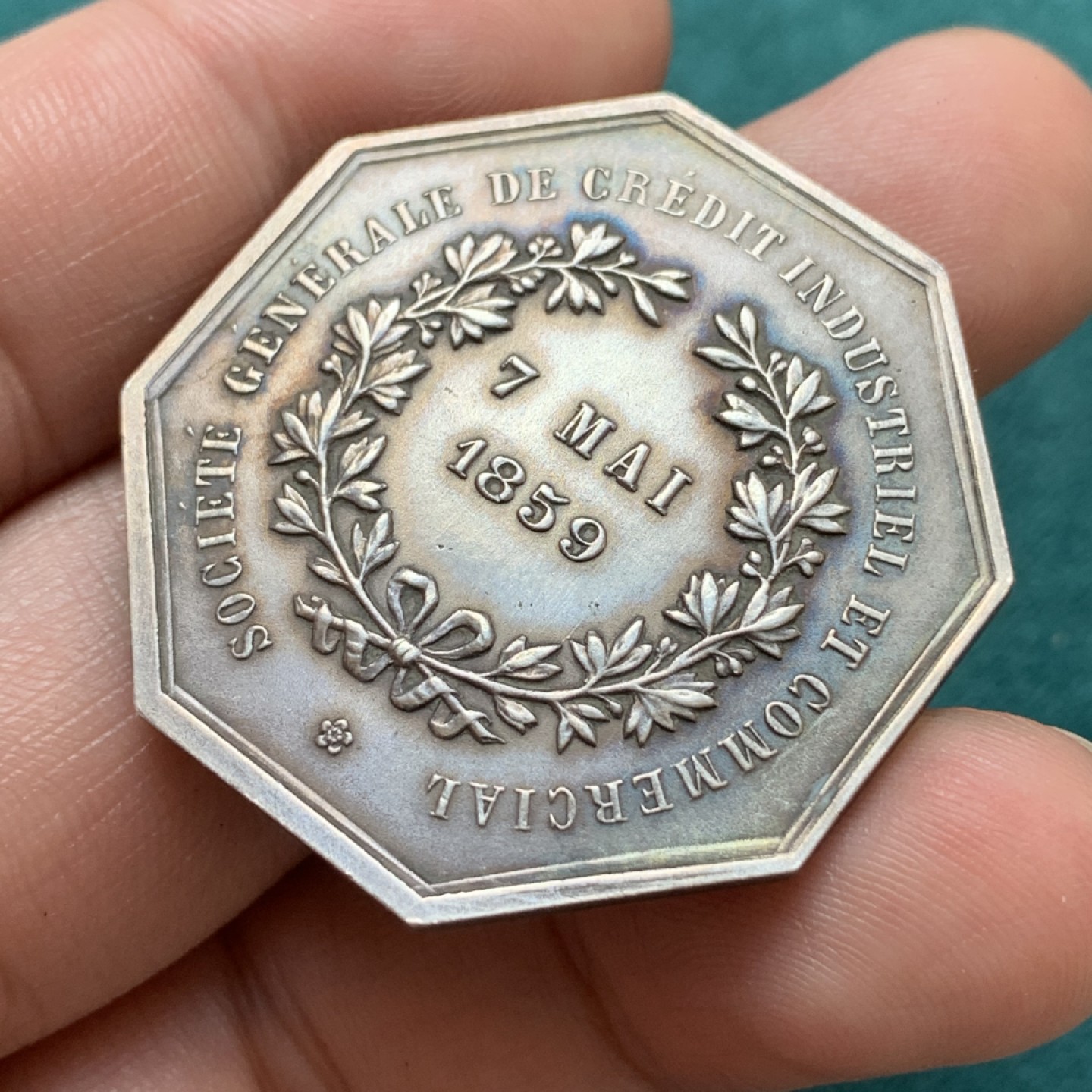 《竞宝斋》第169场-周日，周一2场 (全场包邮) 法国 通用工商信贷协会 银质八角代币 21.2克 37mm对边直径 丰饶角边铭