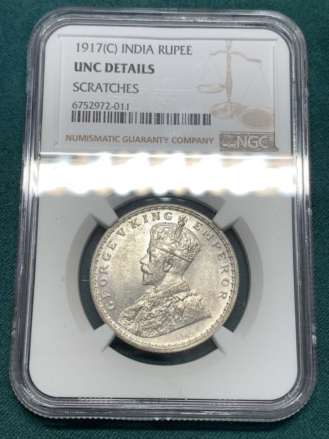 《竞宝斋》第169场-周日，周一2场 (全场包邮) NGC UNC 英属印度 1917-C版 乔五 1卢比 银币 状态不错