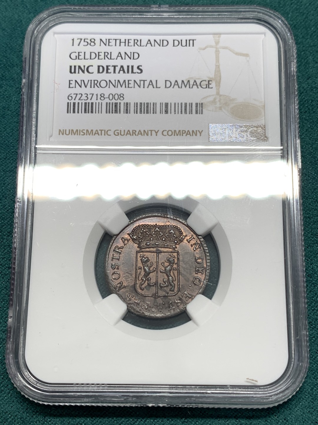 《竞宝斋》第169场-周日，周一2场 (全场包邮) NGC UNCD 荷兰GELDERLAND 1758年 1 DUIT 少见品种