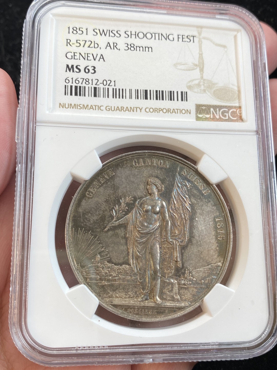 万国钱币拍卖第009期（万国白金之夜） NGC MS63 1851瑞士日内瓦射击节女神银章，原味五彩，镜面底板。