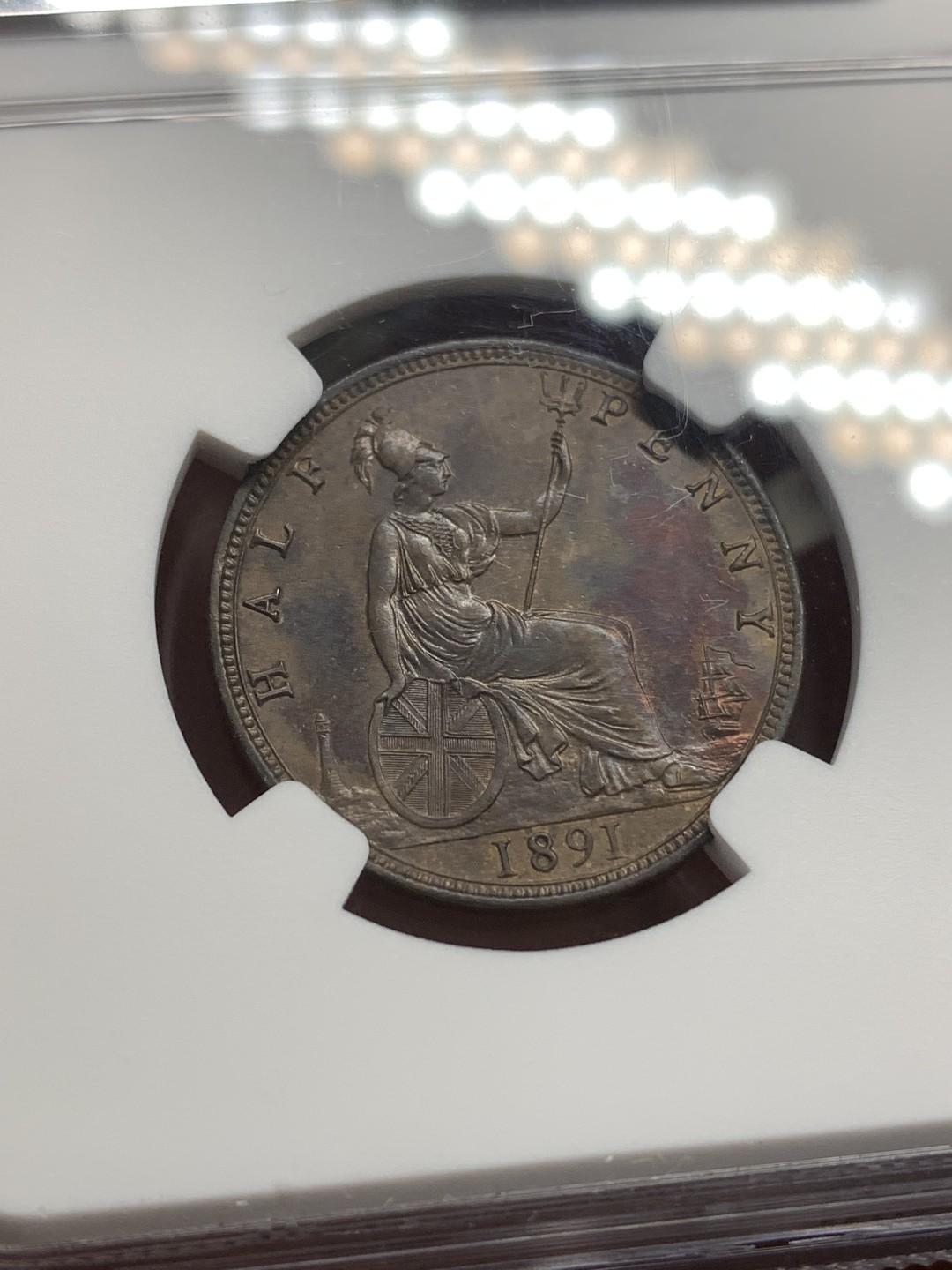 《竞宝斋》第169场-周日，周一2场 (全场包邮) NGC UNC 英国1891年1/2便士 币面状态非常好，两面图案高点毫无磨损