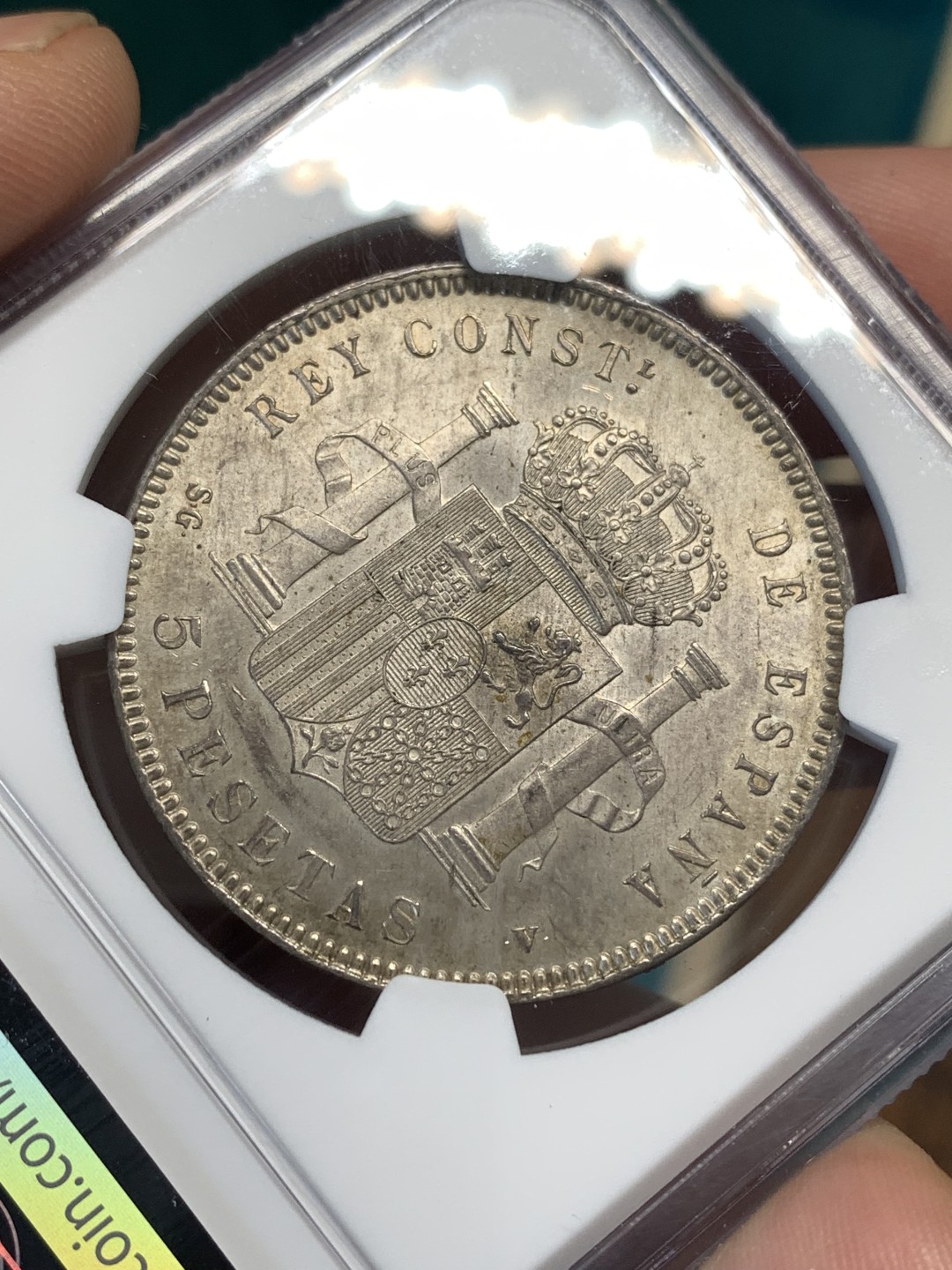 《竞宝斋》第169场-周日，周一2场 (全场包邮) NGC-UNC 西班牙1899年 阿方索十三世 5比塞塔双柱银币 顶级原光好品 可以重评