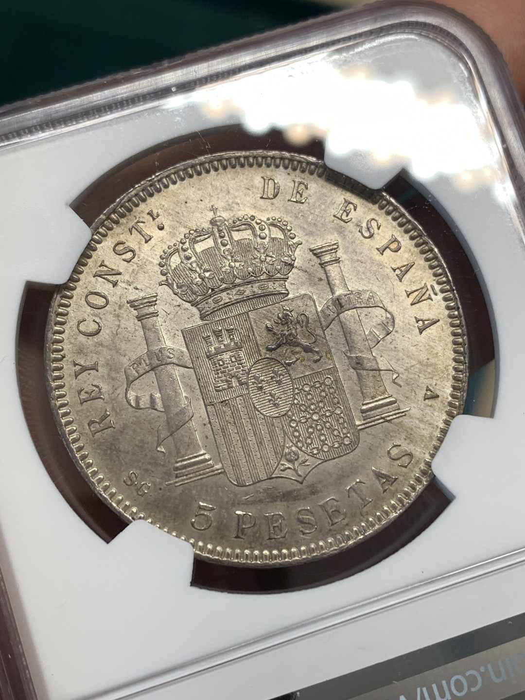 《竞宝斋》第169场-周日，周一2场 (全场包邮) NGC-UNC 西班牙1899年 阿方索十三世 5比塞塔双柱银币 顶级原光好品 可以重评