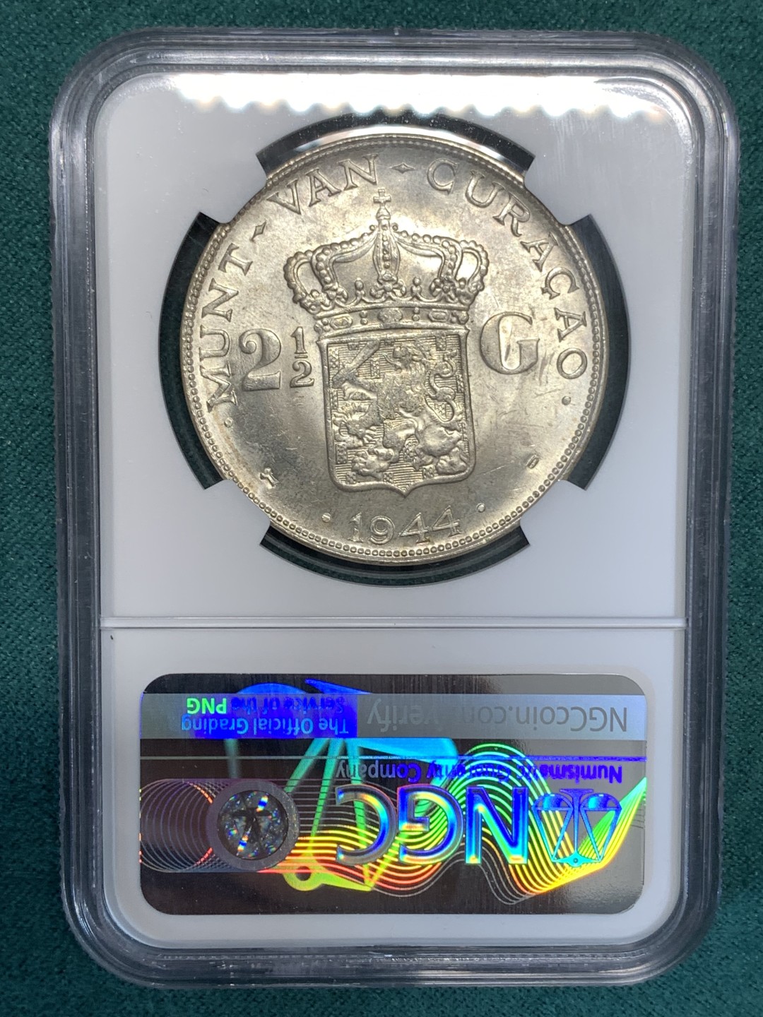 《竞宝斋》第169场-周日，周一2场 (全场包邮) NGC-MS63 荷属库拉索1944年 威廉米娜女王 2.5盾大银币 顶级原光好品