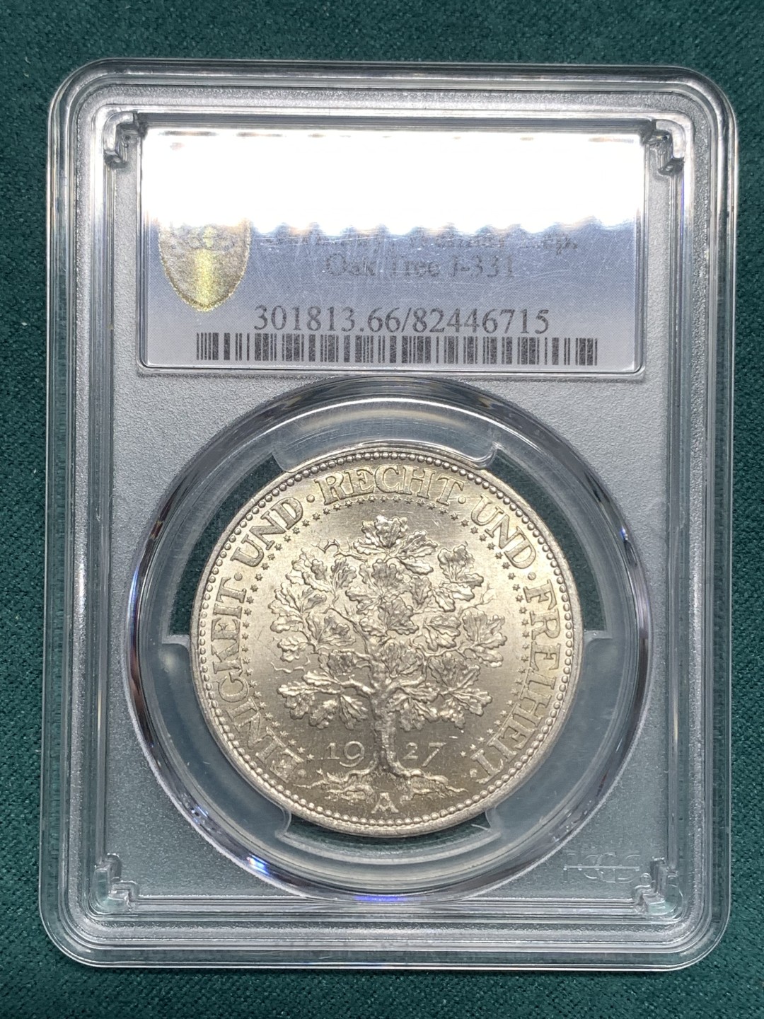 《竞宝斋》第169场-周日，周一2场 (全场包邮) PCGS-MS66 德国魏玛共和国1927年橡树5马克纪念银币 高分名誉品 一步到位终身收藏