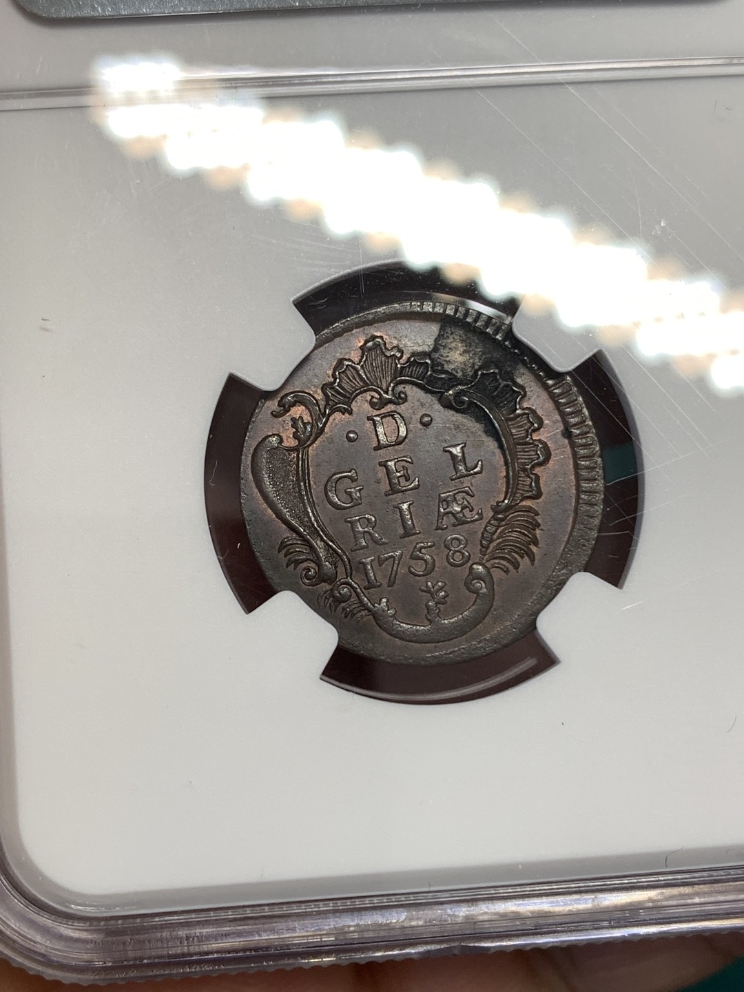 《竞宝斋》第169场-周日，周一2场 (全场包邮) NGC UNCD 荷兰GELDERLAND 1758年 1 DUIT 少见品种