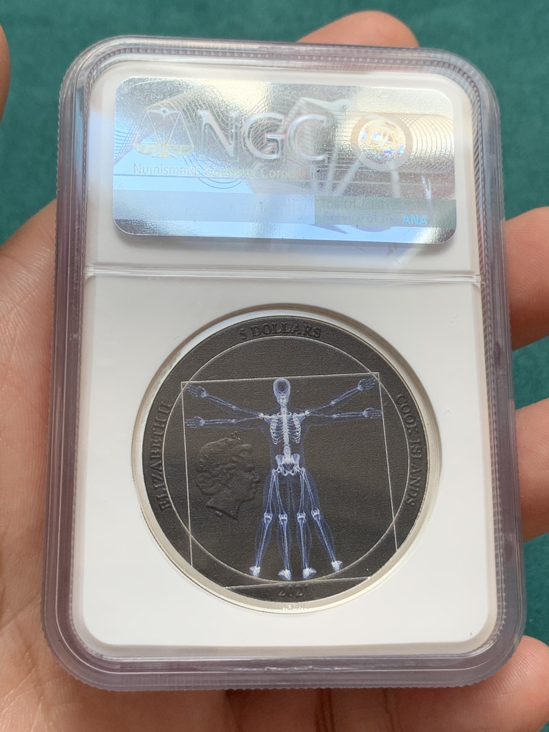 《竞宝斋》第169场-周日，周一2场 (全场包邮) NGC PF70UC 库克 2021达芬奇达芬奇维特鲁维亚人 X-ray黄金分割5元银币 发行量999枚 带盒子