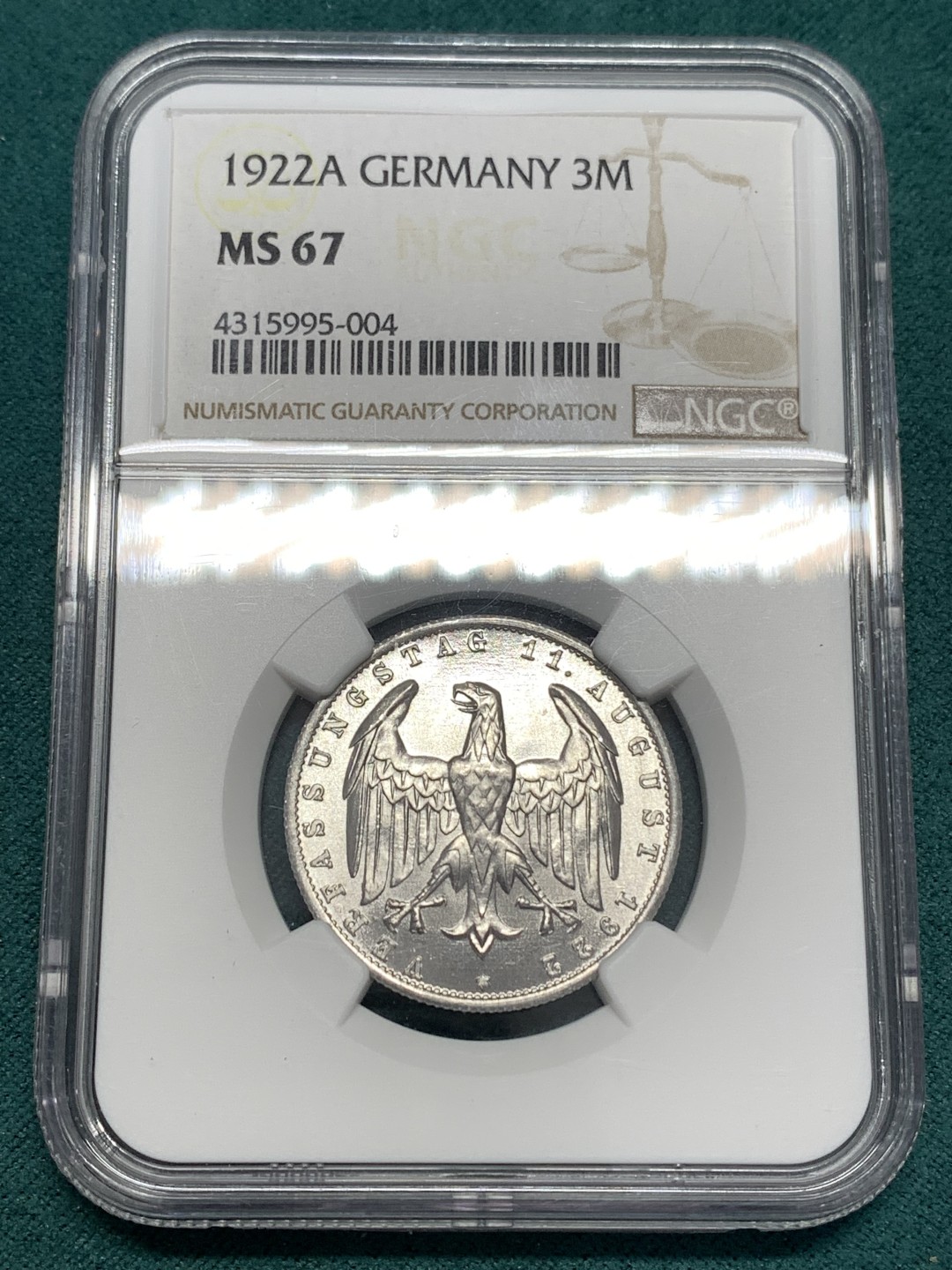 《竞宝斋》第169场-周日，周一2场 (全场包邮) NGC-MS67 德国 1922年3马克铝币 顶级分数