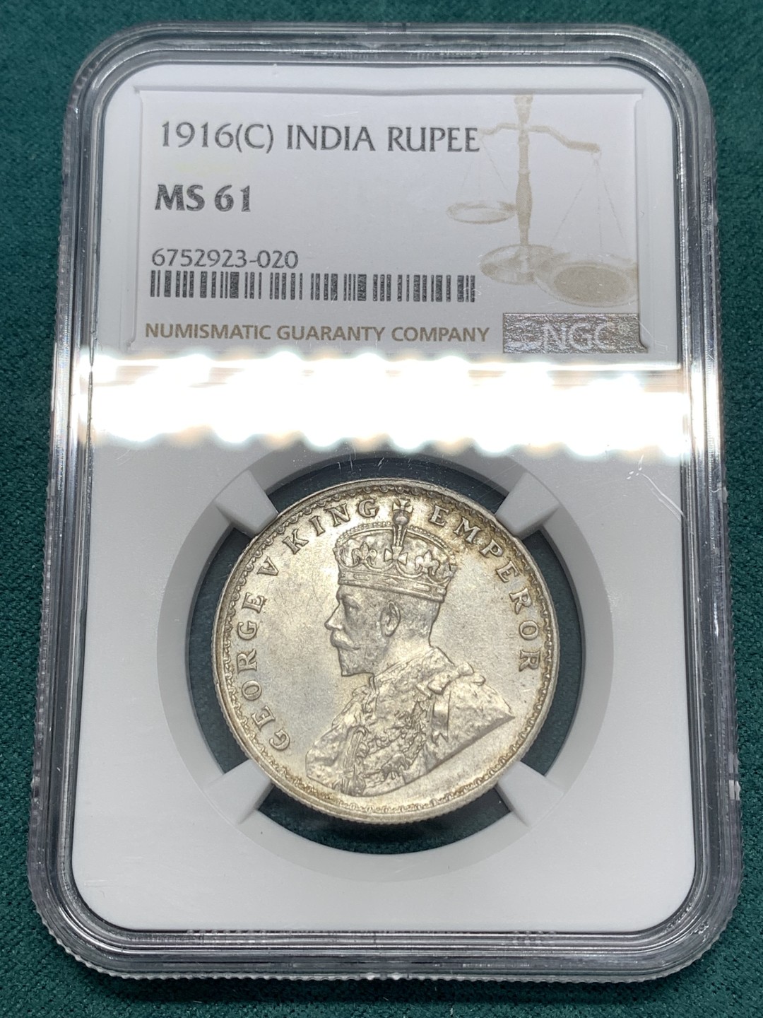 《竞宝斋》第169场-周日，周一2场 (全场包邮) NGC-MS61 英属印度 1916c 乔治五世1卢比银币  潜力品种