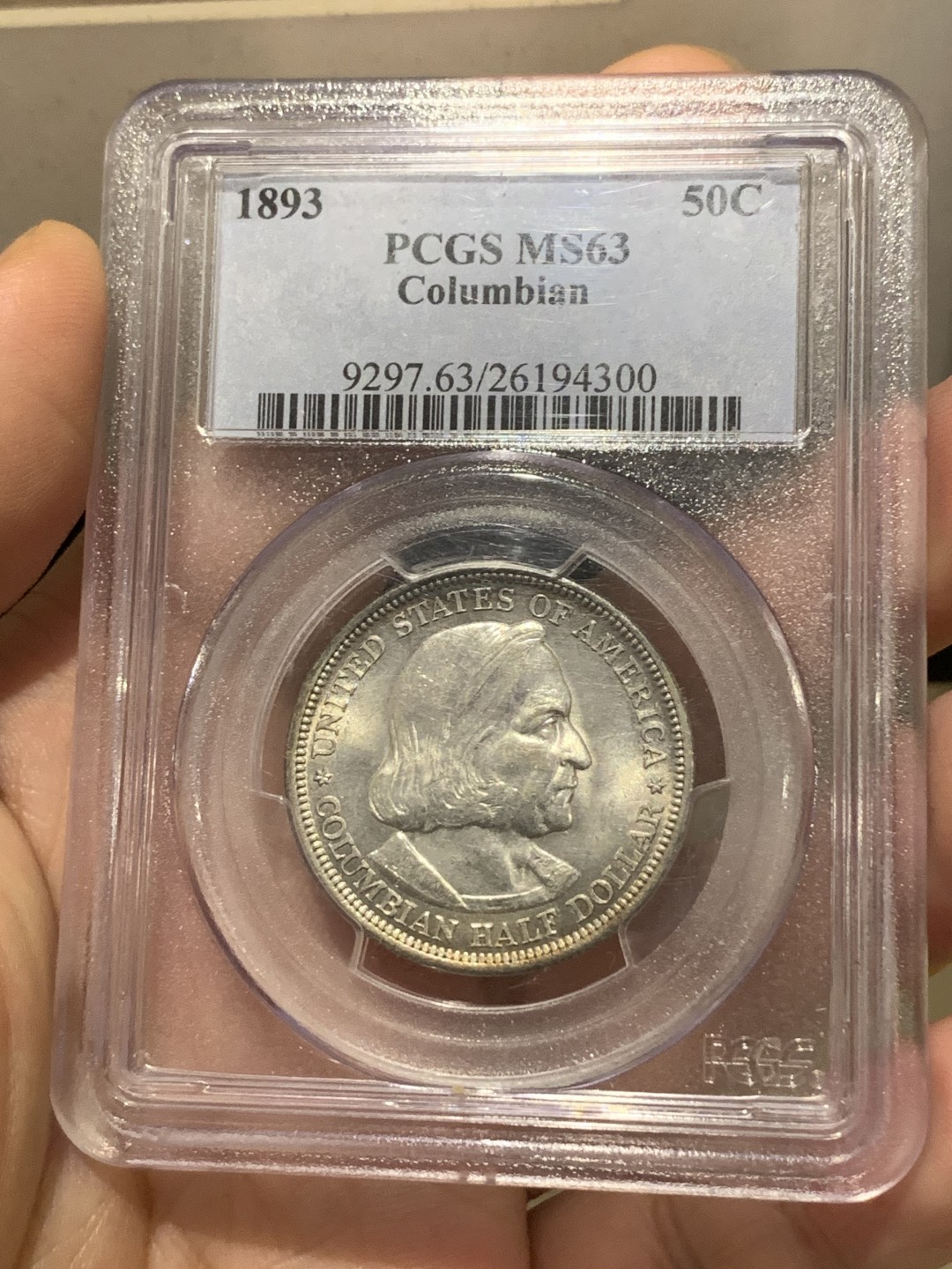 《竞宝斋》第169场-周日，周一2场 (全场包邮) PCGS-MS63 美国 1893年 哥伦布 50美分 半美元 带彩 老盒子严评