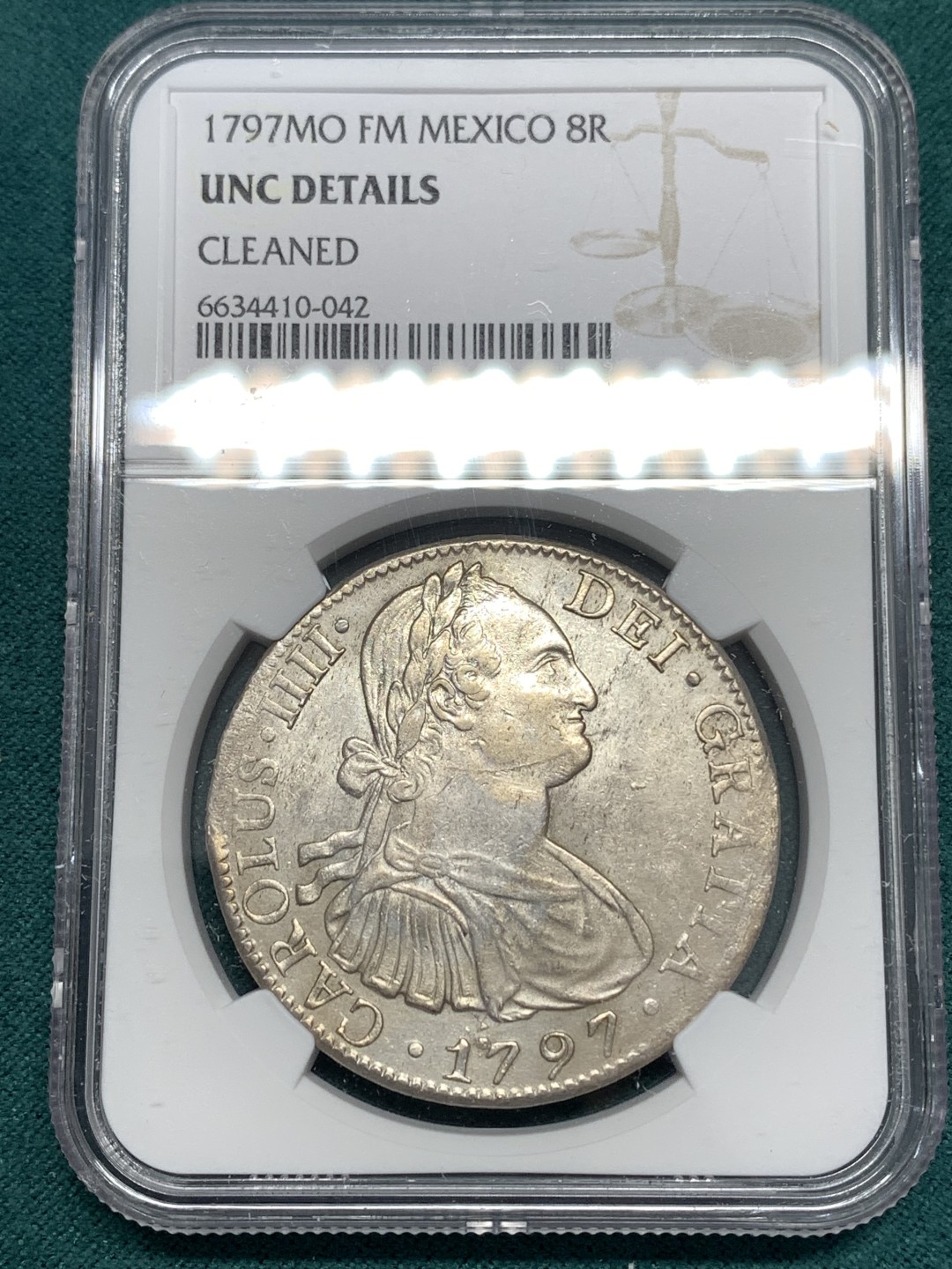 《竞宝斋》第169场-周日，周一2场 (全场包邮) NGC UNC 墨西哥 1797年 卡四 双柱 大银币 早期年份 打制的很不错