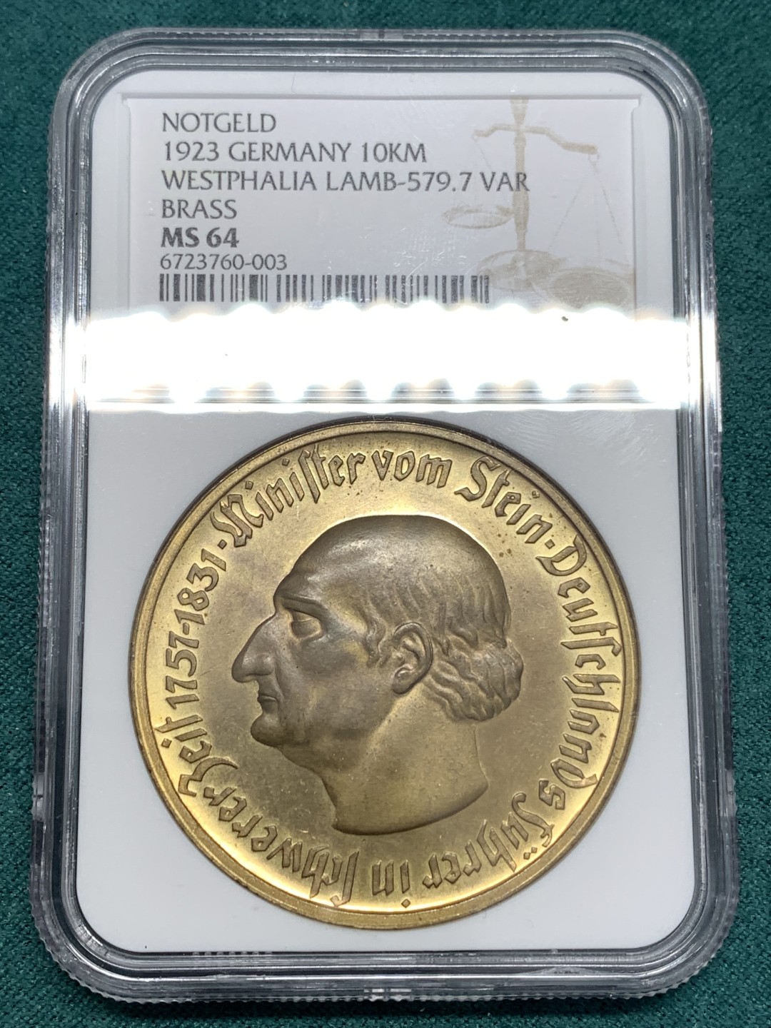 《竞宝斋》第169场-周日，周一2场 (全场包邮) NGC-MS64 德国1923年 紧急状态时期威斯特伐利亚大马币 10000马克 德紧热门币