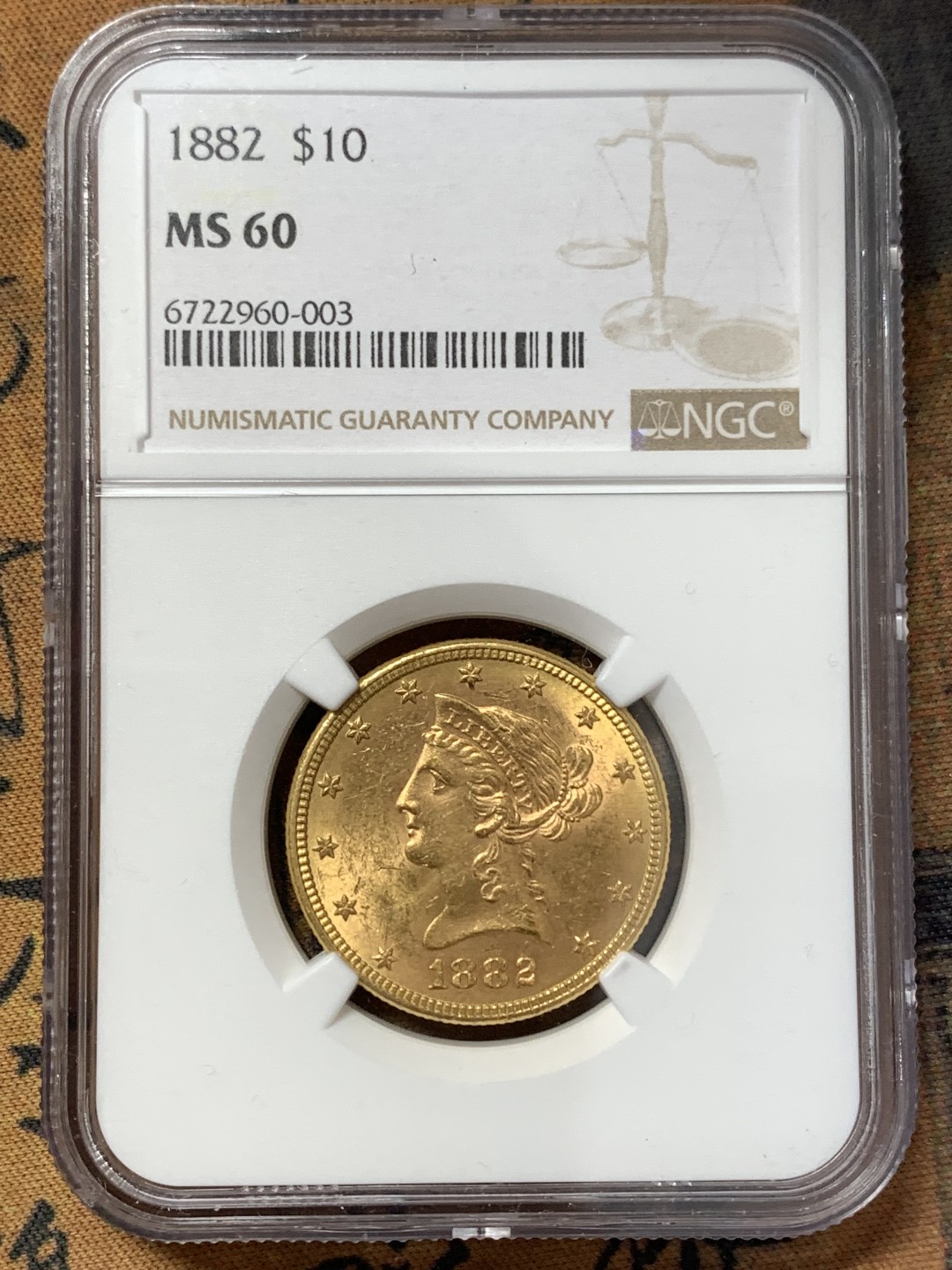 《竞宝斋》第169场-周日，周一2场 (全场包邮) NGC MS60 1882年美国自由女神10美元金币 16.718克 900金 直径27MM 厚2MM