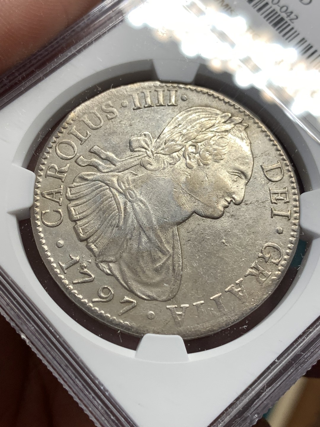 《竞宝斋》第169场-周日，周一2场 (全场包邮) NGC UNC 墨西哥 1797年 卡四 双柱 大银币 早期年份 打制的很不错