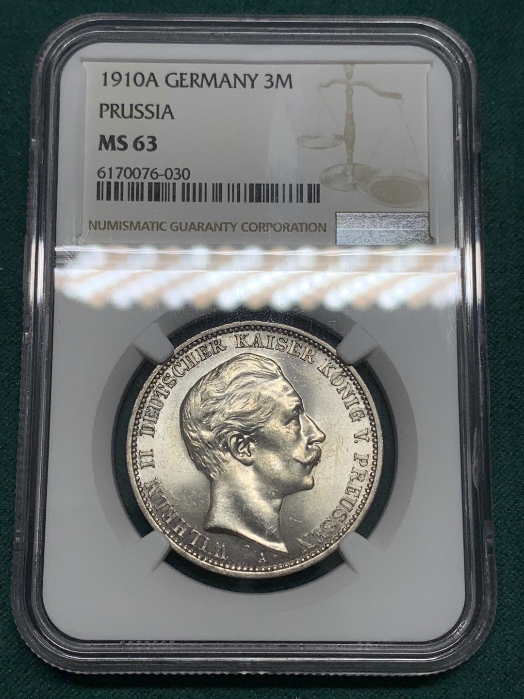 《竞宝斋》第169场-周日，周一2场 (全场包邮) NGC MS63 德国普鲁士 1910年威廉二世 3马克银币 流通币 难得