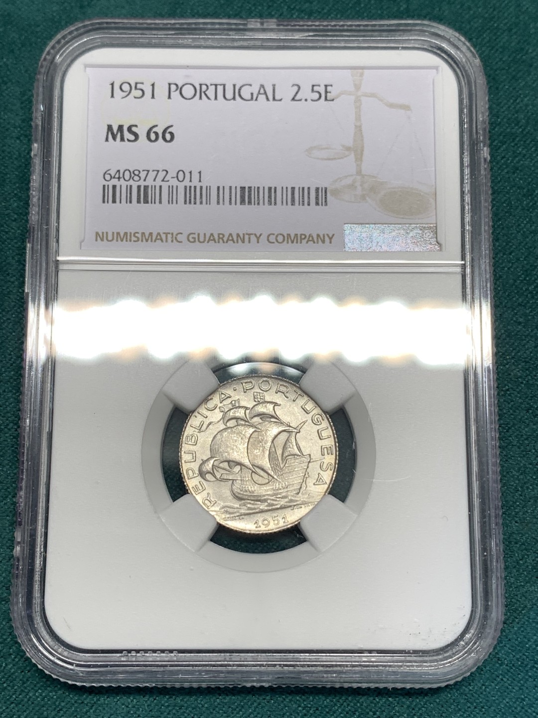 《竞宝斋》第169场-周日，周一2场 (全场包邮) NGC-MS66 葡萄牙1951年 大帆船2.5盾银币 顶级好品