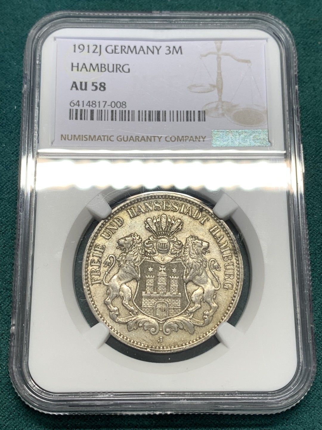 《竞宝斋》第169场-周日，周一2场 (全场包邮) NGC-AU58 德国 1912J 汉堡自由市 3马克银币