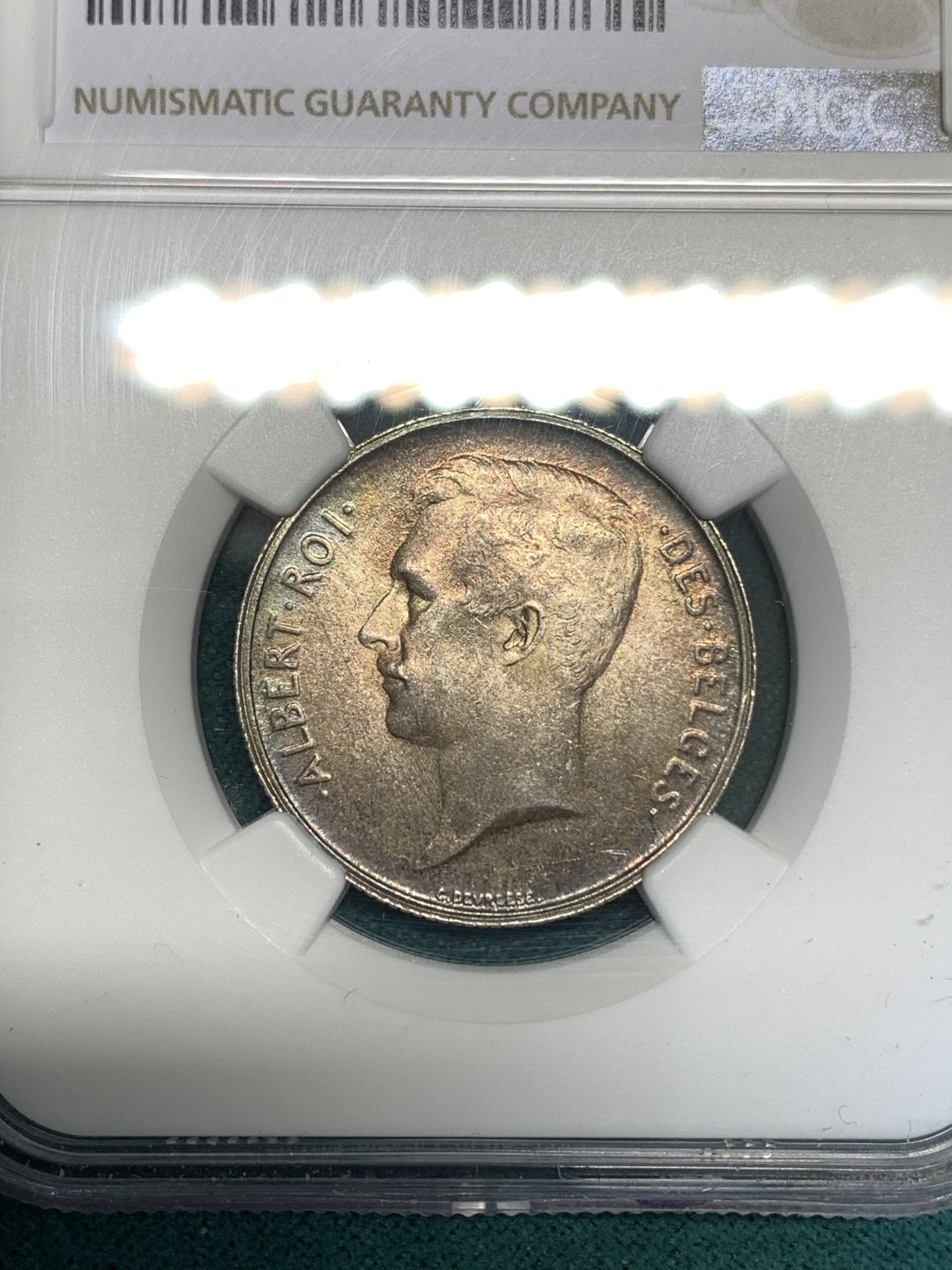 《竞宝斋》第169场-周日，周一2场 (全场包邮) NGC-MS64 比利时1911年 埃尔佩托2法郎银币 环彩包浆 顶级状态