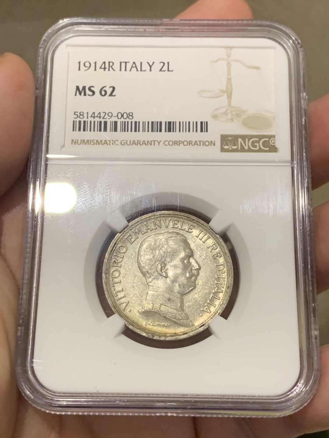 《竞宝斋》第169场-周日，周一2场 (全场包邮) NGC-MS62意大利1914年马车女神2里拉银币 环状彩色包浆