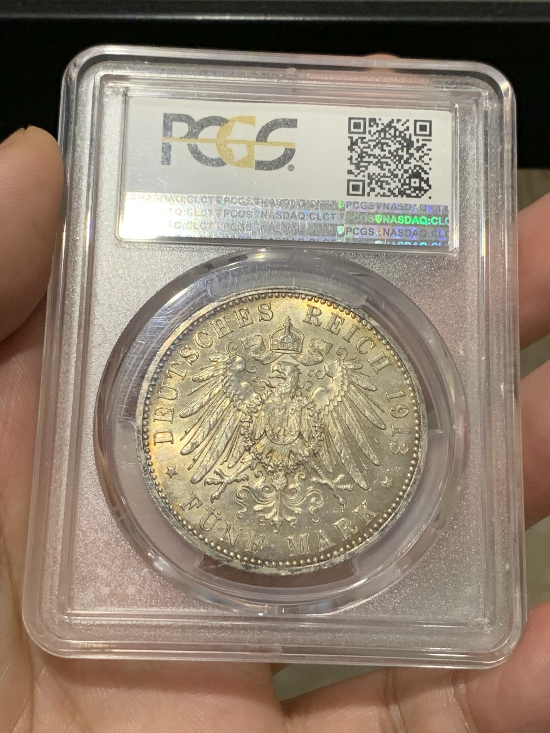 《竞宝斋》第169场-周日，周一2场 (全场包邮) PCGS MS65  德国 1913年 汉堡自由市 吕贝克 5马克 双头鹰银币 6000枚的发行量  难得品种