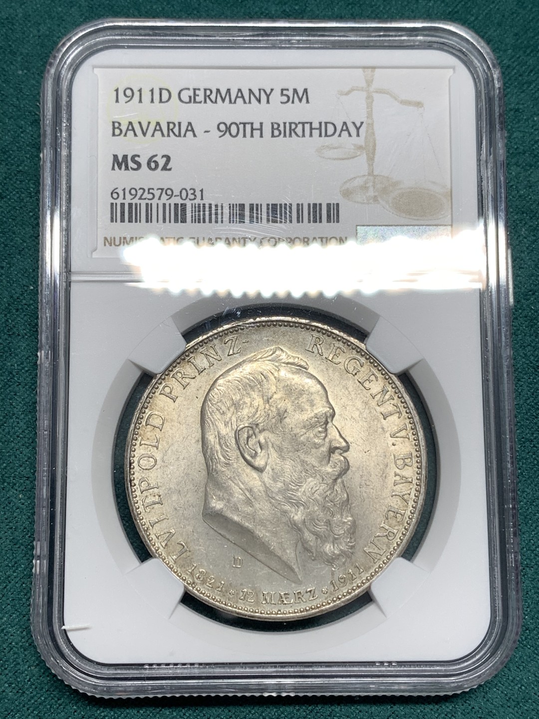 《竞宝斋》第169场-周日，周一2场 (全场包邮) NGC-MS62 德国 巴伐利亚 1911年 摄政王利奥波德 90大寿纪念 5马克银币 状态好