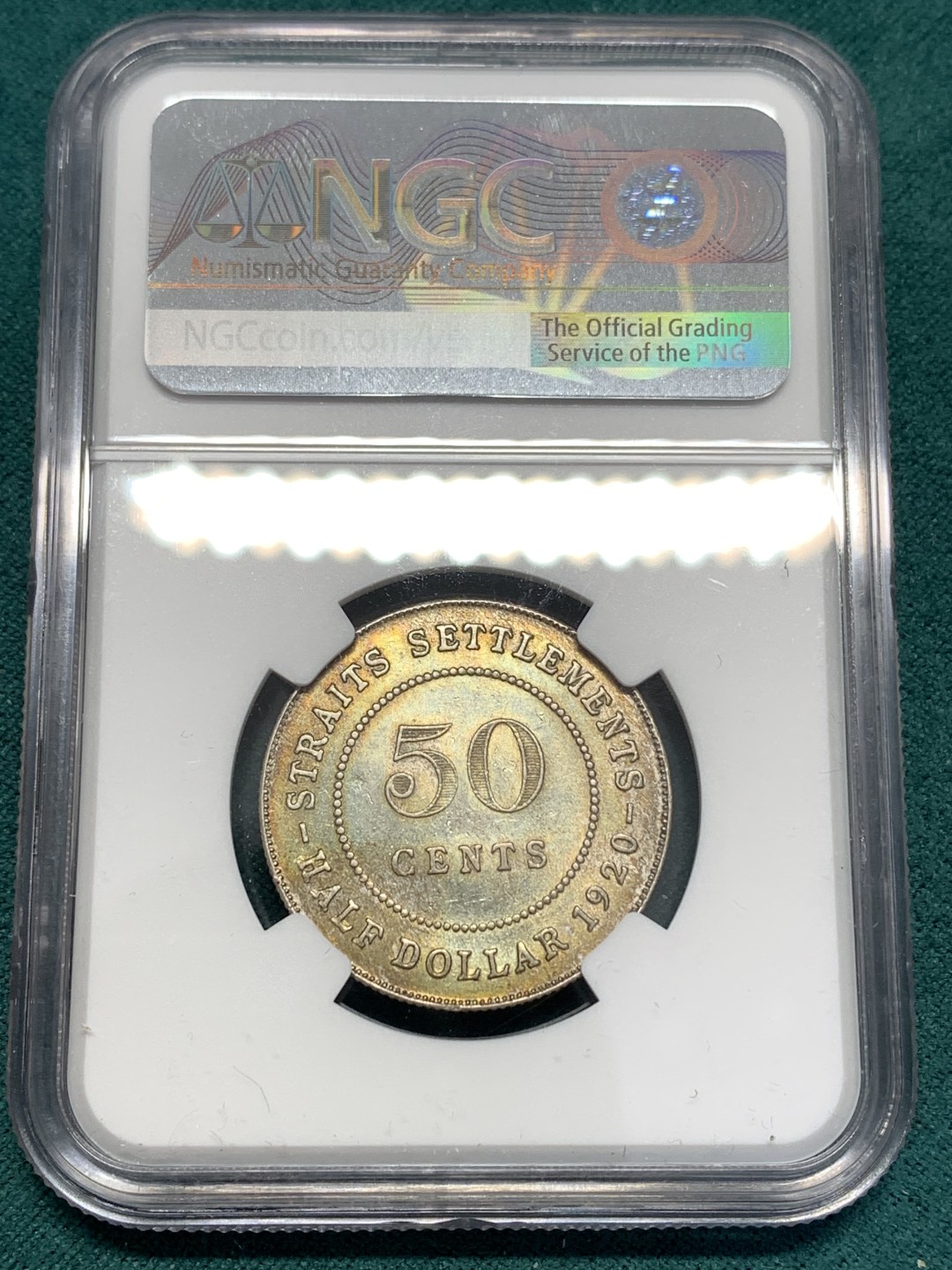 《竞宝斋》第169场-周日，周一2场 (全场包邮) NGC AUD  1920 英属海峡50分 银币 五彩包浆 低估的品种