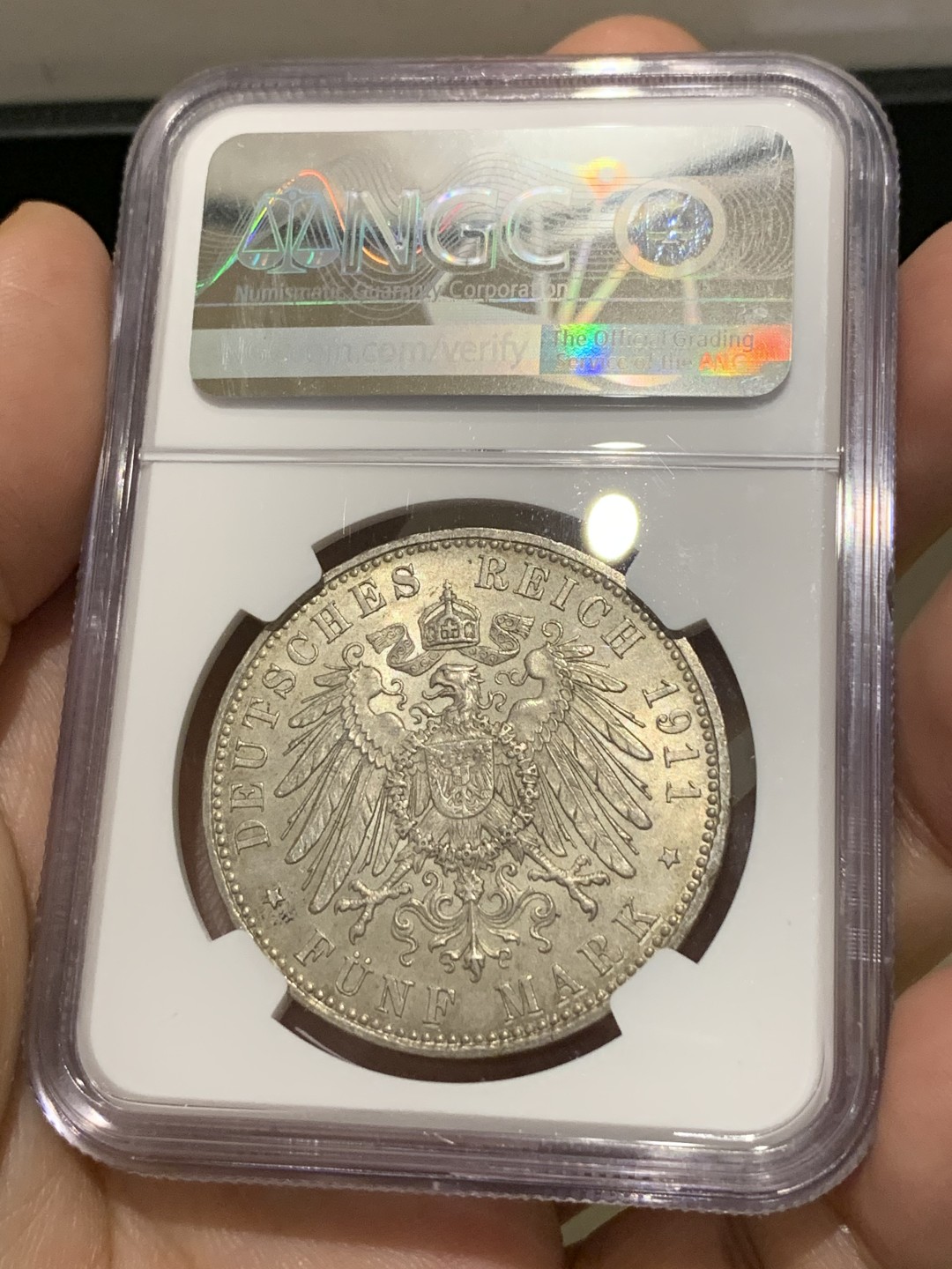 《竞宝斋》第169场-周日，周一2场 (全场包邮) NGC-MS62 德国 巴伐利亚 1911年 摄政王利奥波德 90大寿纪念 5马克银币 状态好