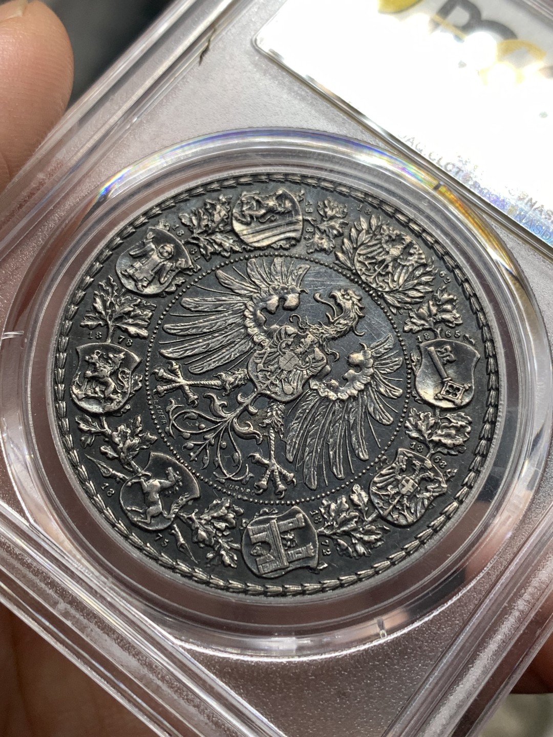 《竞宝斋》第169场-周日，周一2场 (全场包邮) PCGS SP63 德国 1887法兰克福射击纪念银章深彩包浆 高度浮雕 非常的漂亮 难得状态